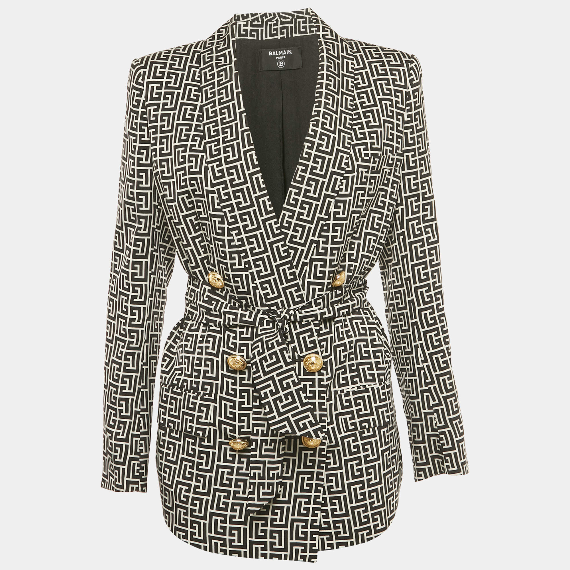 Pre Owned Balmain Black/White Monogram Cupro Double Breasted Blazer S