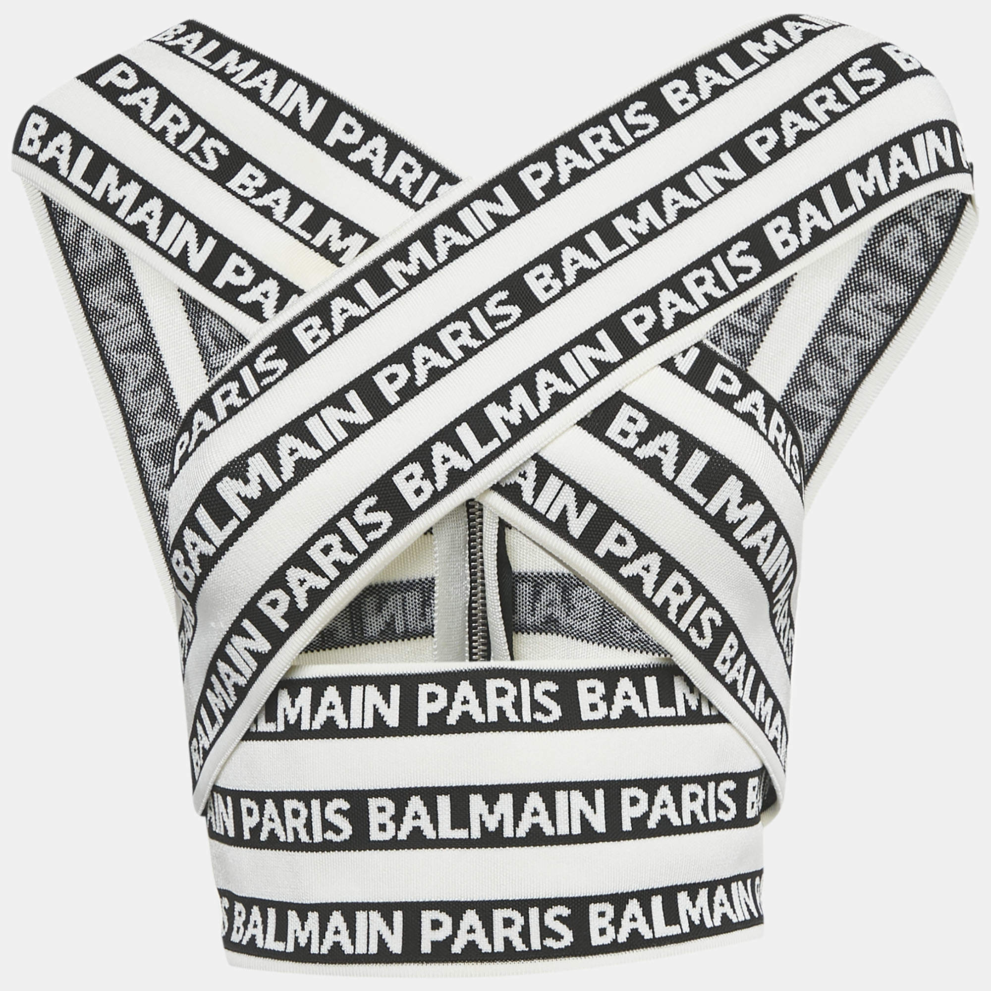 Pre Owned Balmain White Logo All Over Knit Crossover Banded Top S