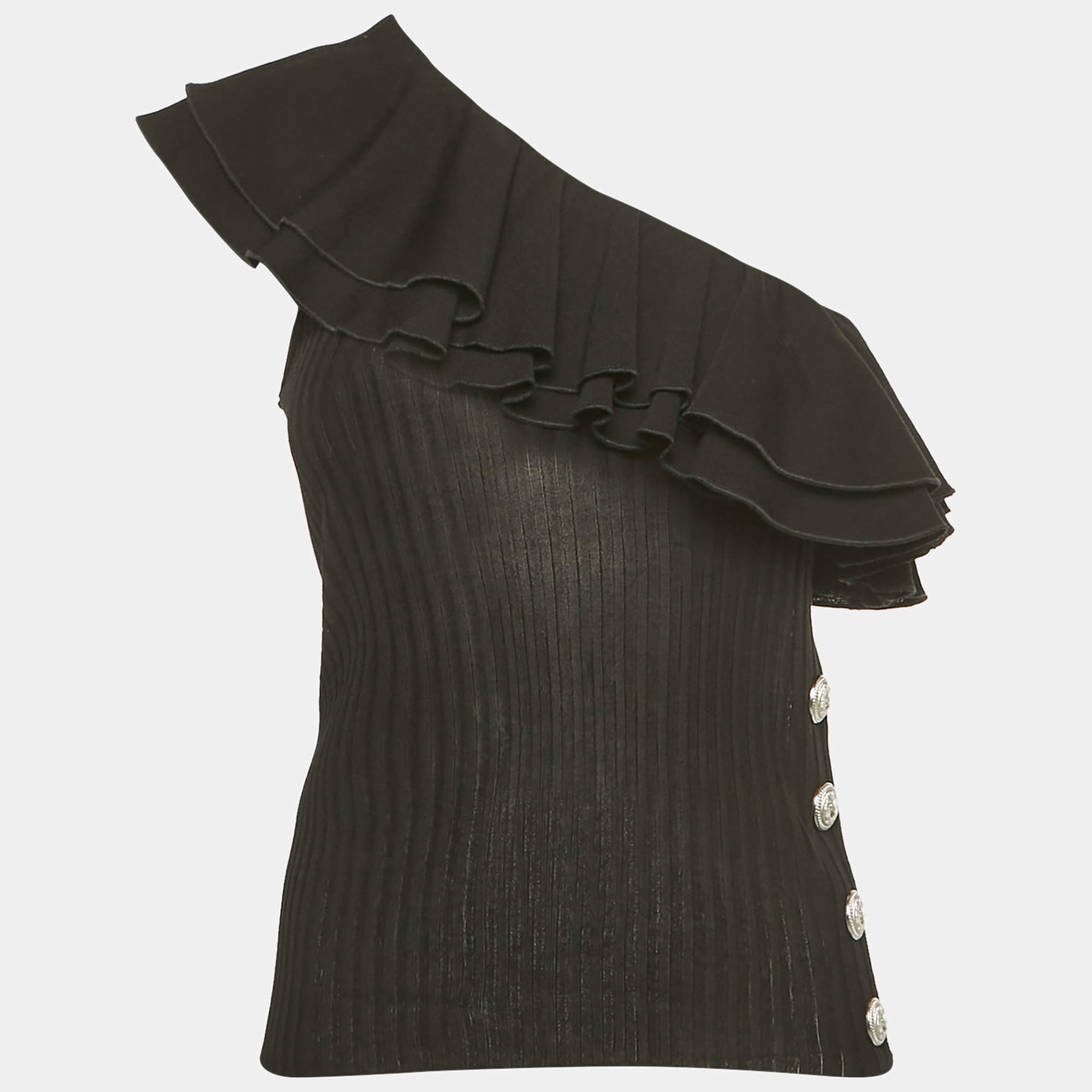 Pre Owned Balmain Black Rib Knit Ruffled One Shoulder Top S