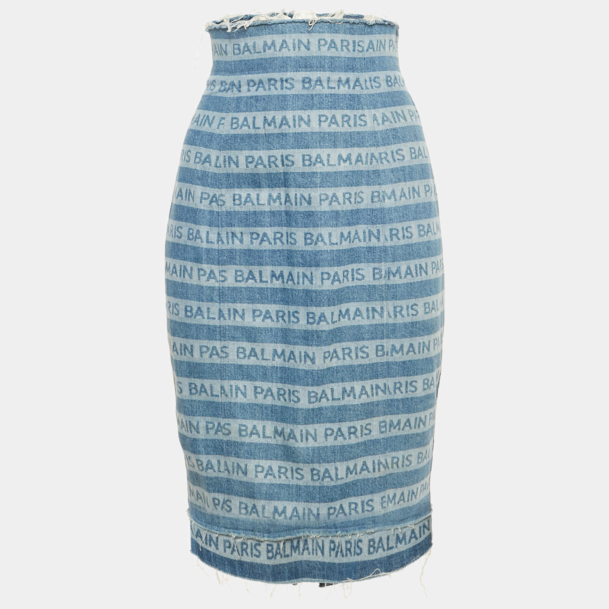 Pre Owned Balmain Blue Striped Logo Raw Edge Denim Skirt S Waist 26"