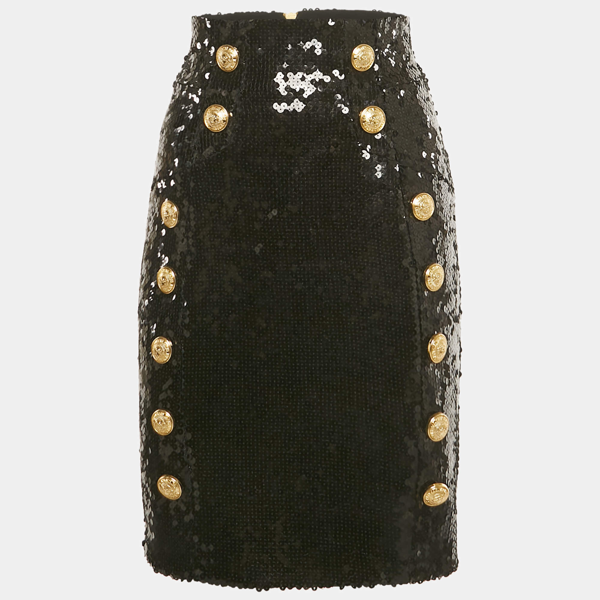 Pre Owned Balmain Black Sequin Button Detail Mini Skirt M