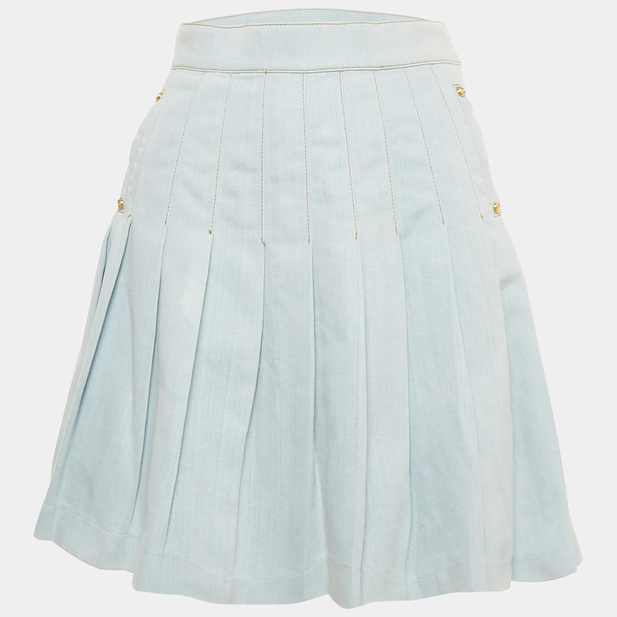 Pre Owned Balmain Blue Denim Pleated Mini Skirt S