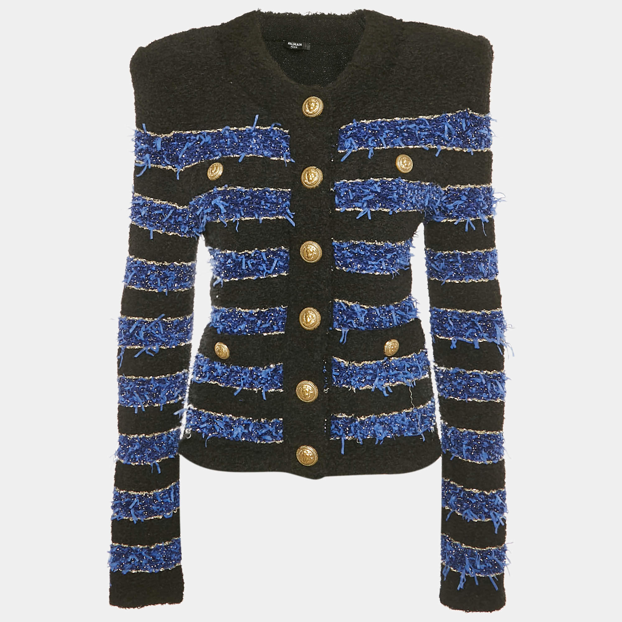 Pre Owned Balmain Black /Blue Striped Lurex Tweed Jacket S