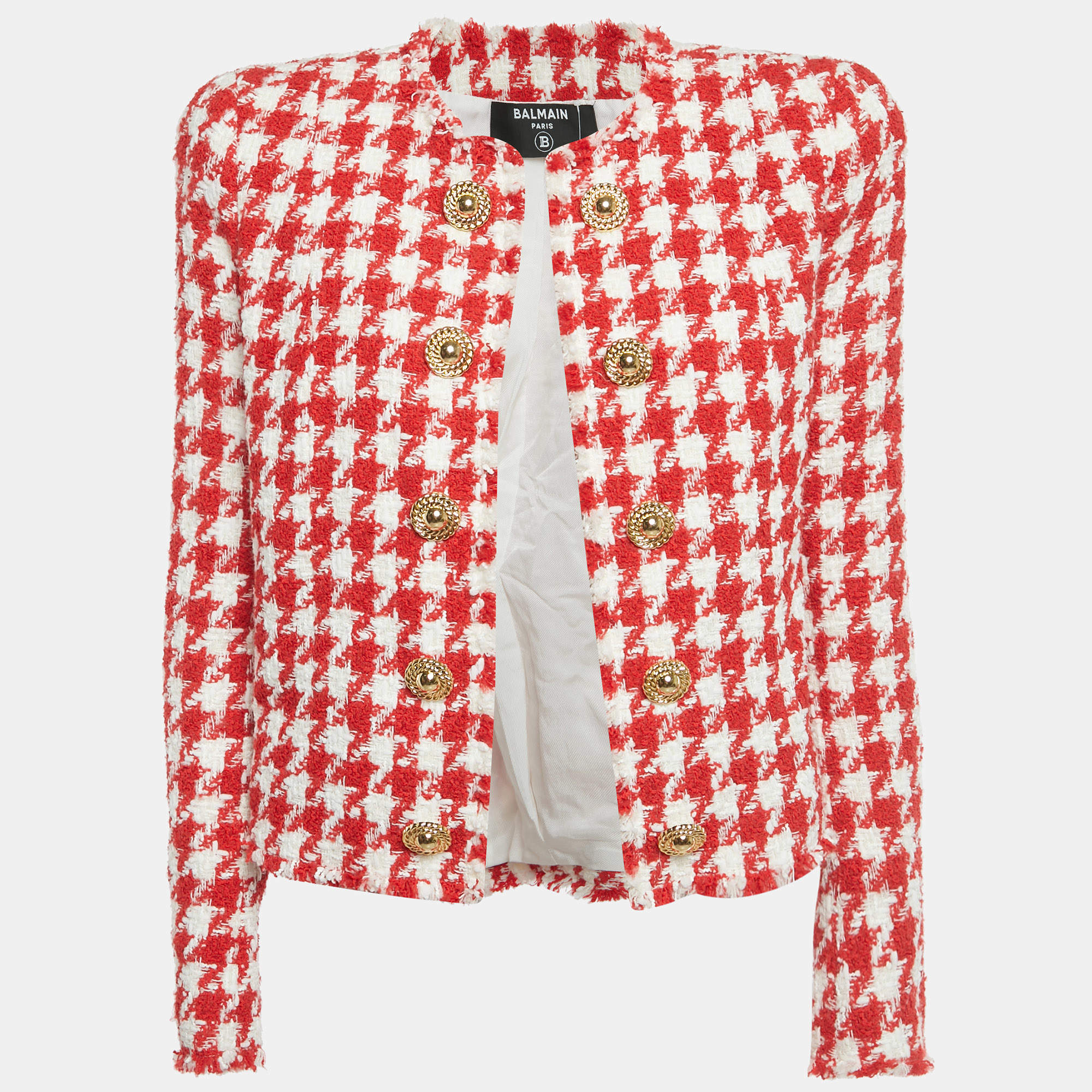 Pre Owned Balmain Red /White Houndstooth Tweed Open Front Jacket M