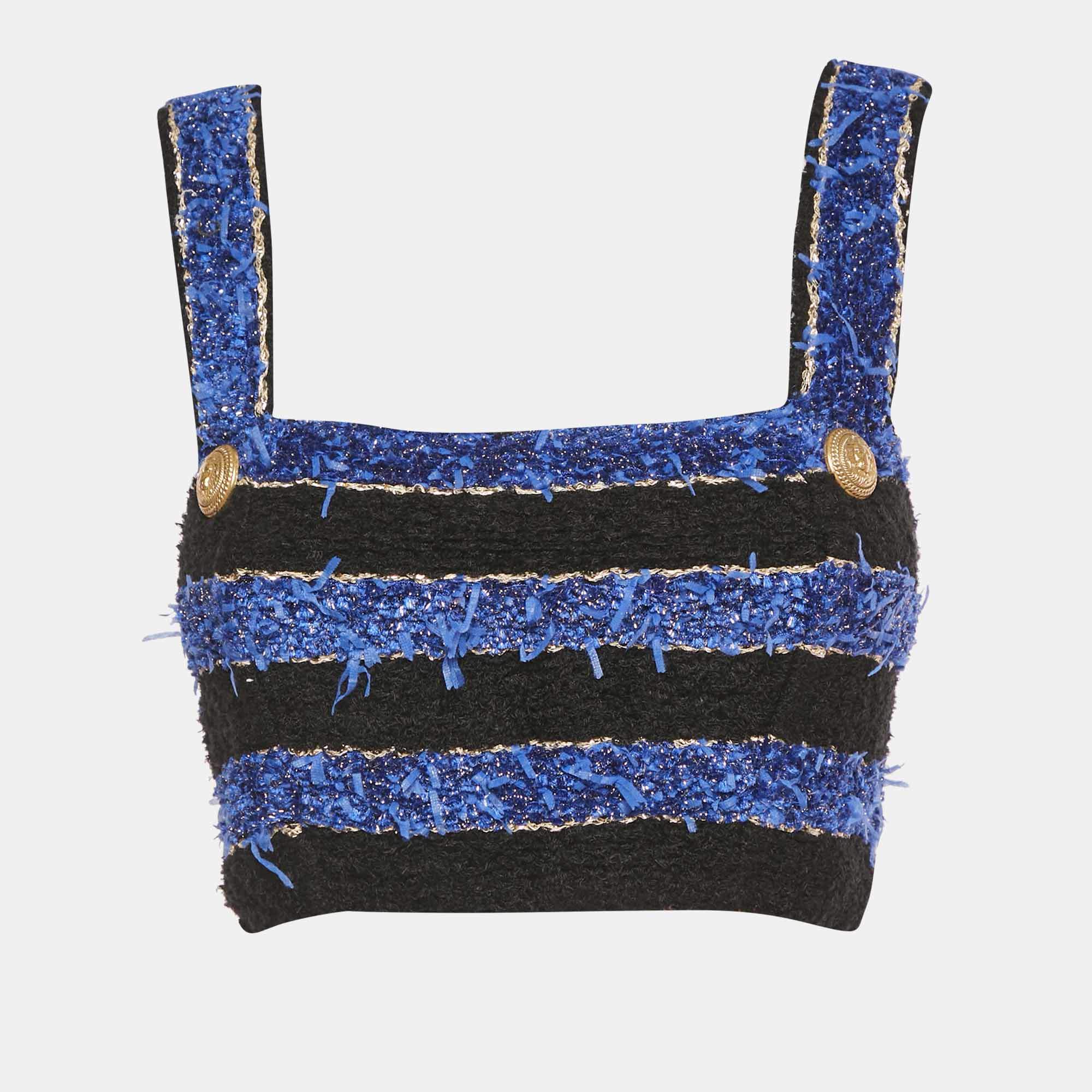 Pre Owned Balmain Black/Blue Textured Tweed Crop Top M