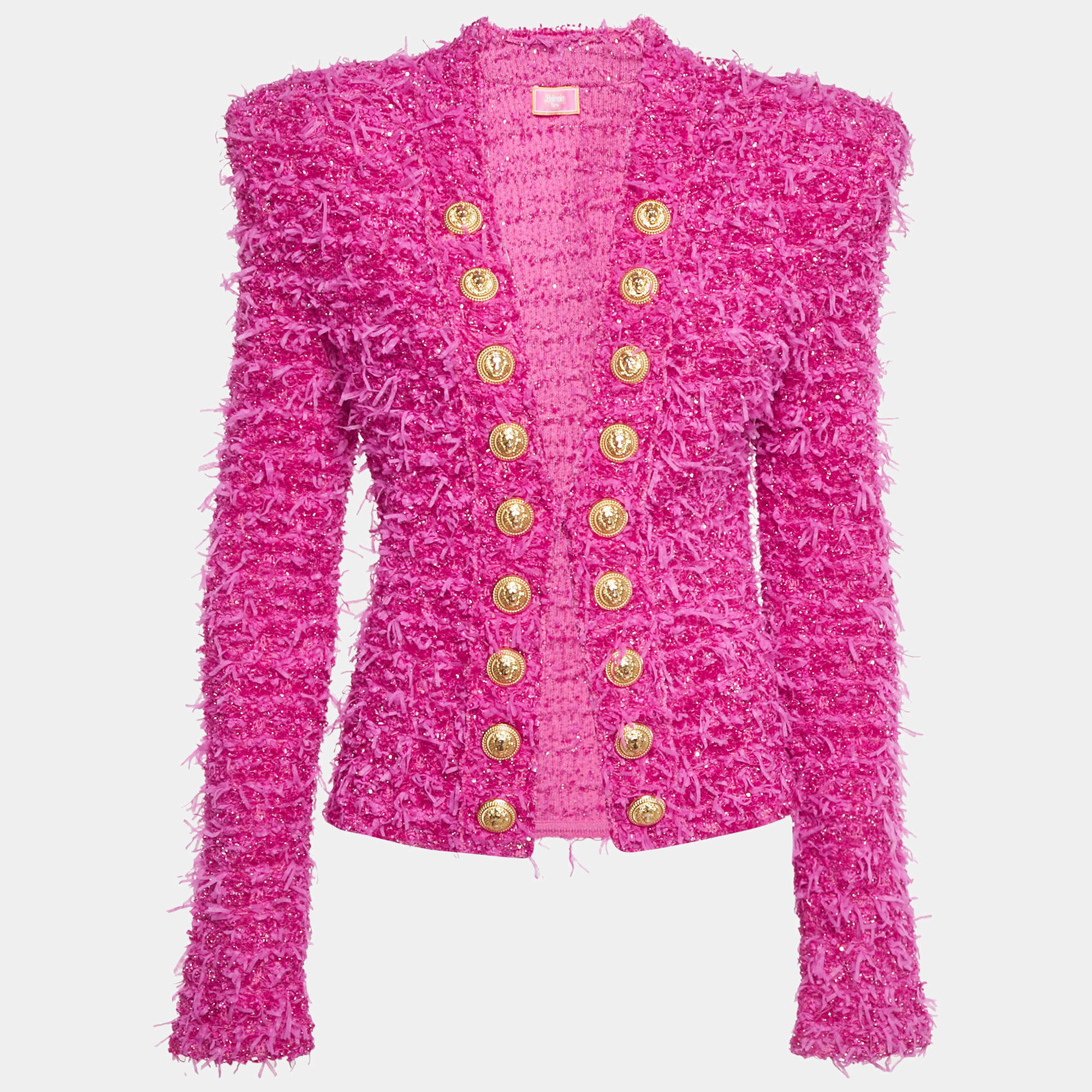 Pre Owned Balmain Paris Pink Textured Tweed Open Front Jacket M