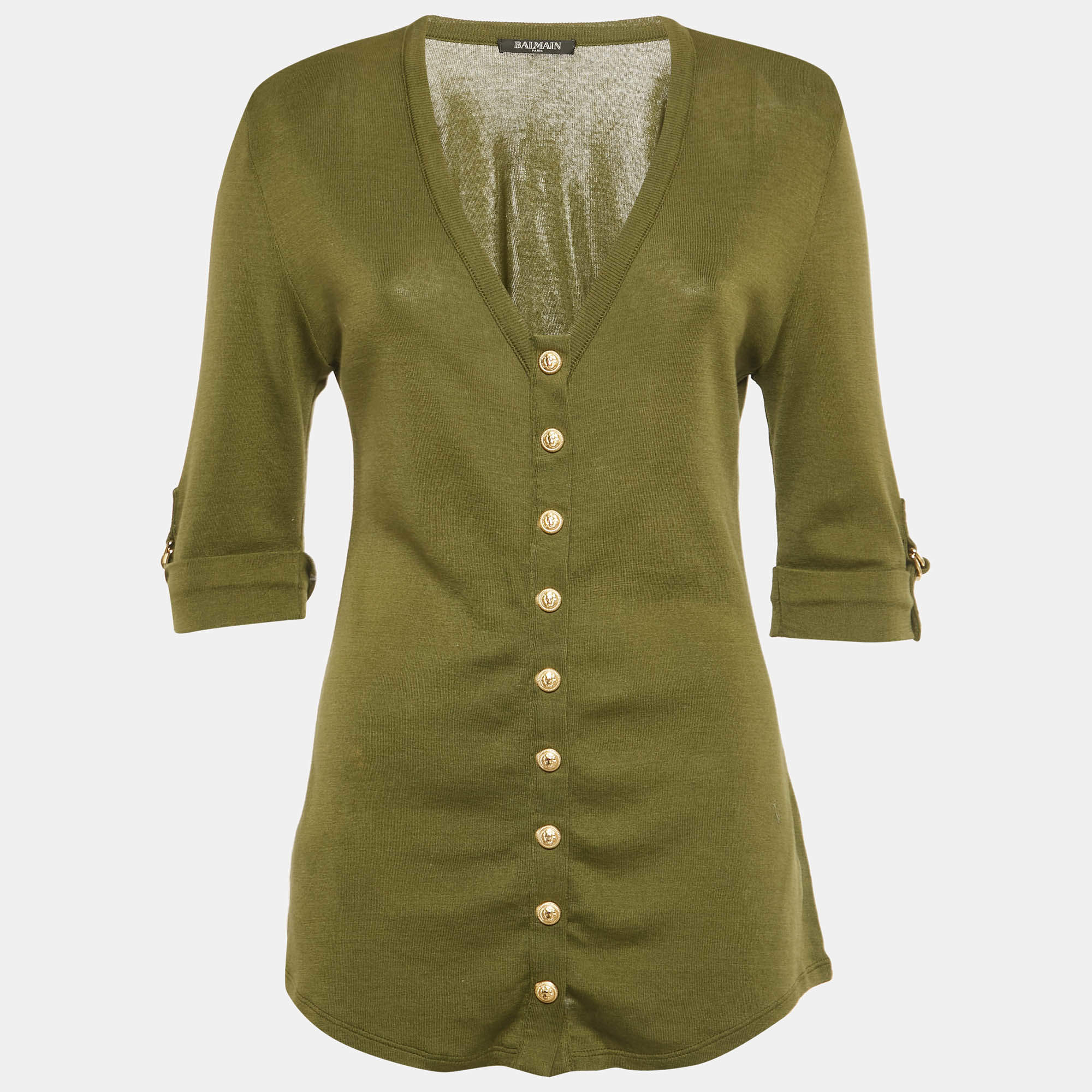 Pre Owned Balmain Olive Green Cotton Knit Top M