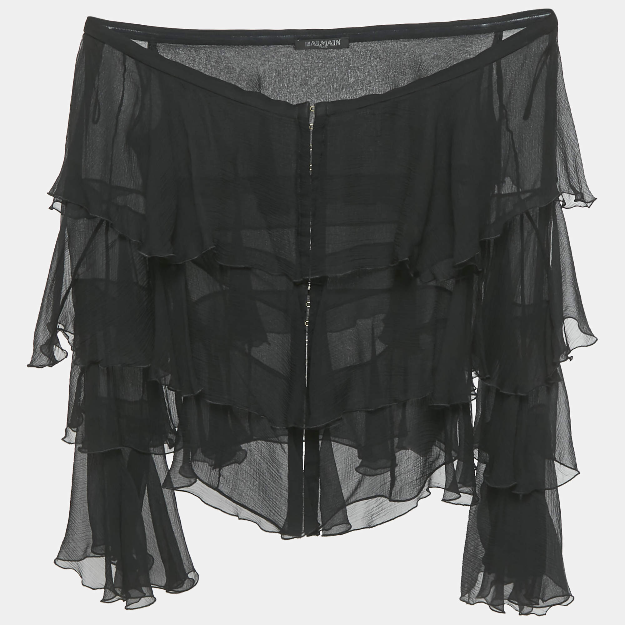 مملوكة مسبقًا Balmain Black Silk Tiered Off-Shoulder Top S