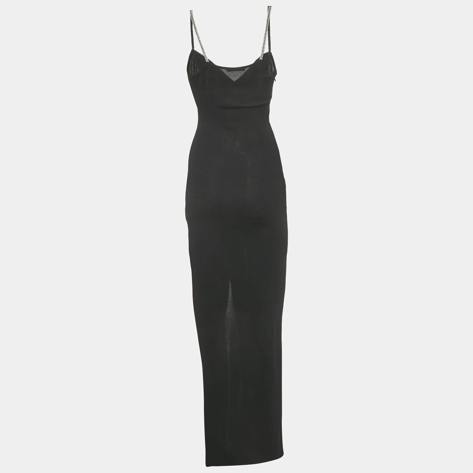 Pre Owned Balmain Black Embellished Rib Knit Maxi Dress XXS