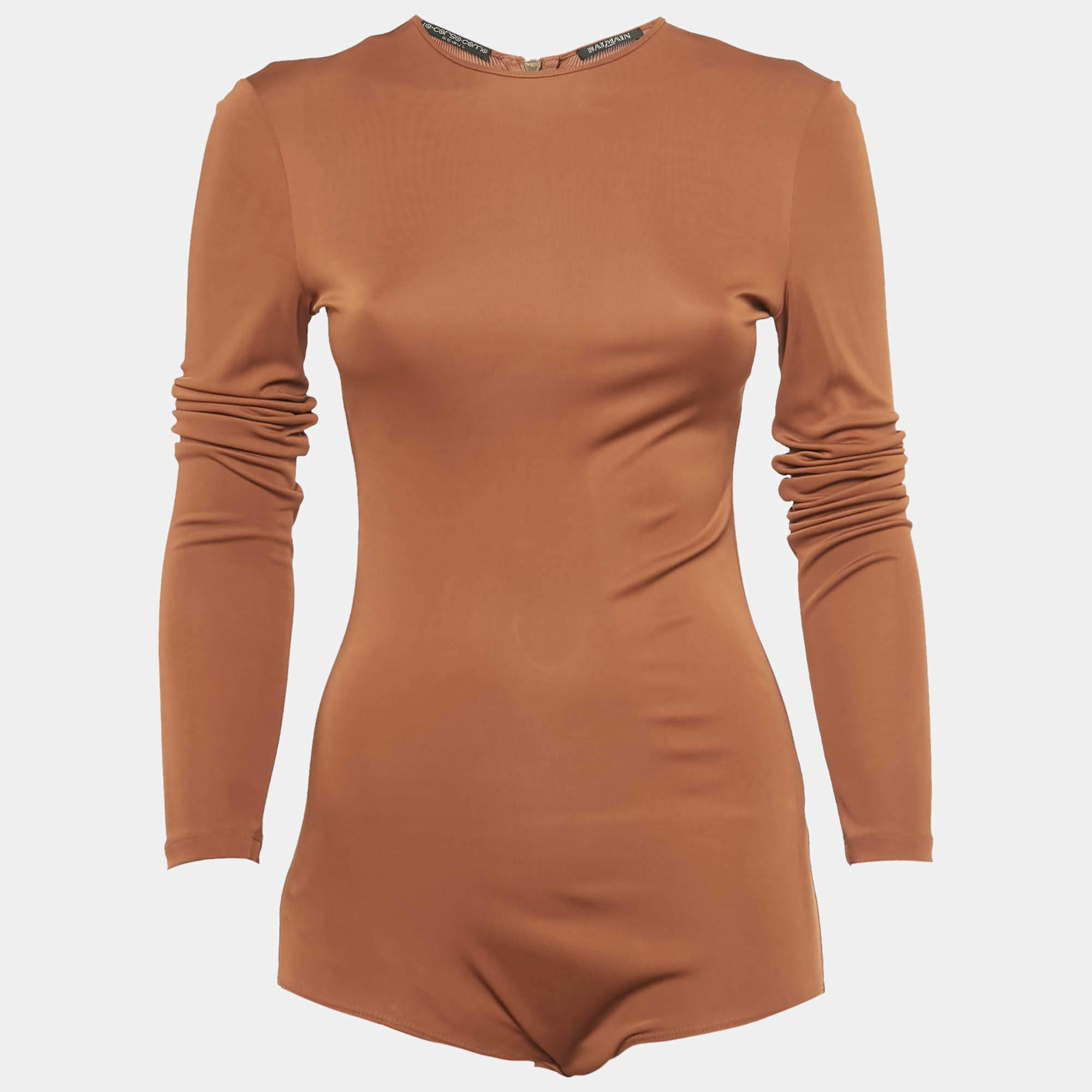 مملوكة مسبقًا Balmain Brown Jersey Long Sleeve Bodysuit  S