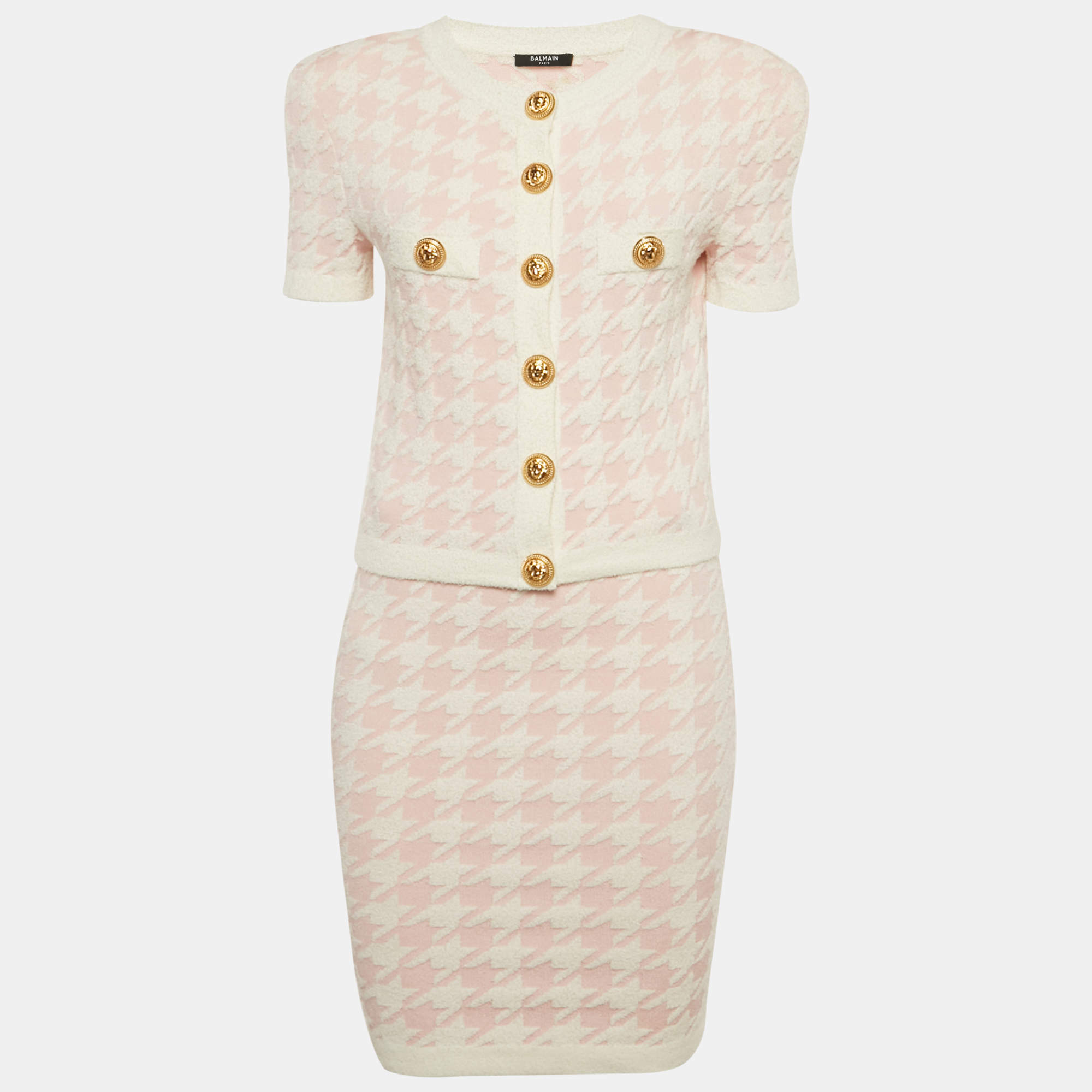 مملوكة مسبقًا Balmain Pink Houndstooth Knit Skirt Suit S