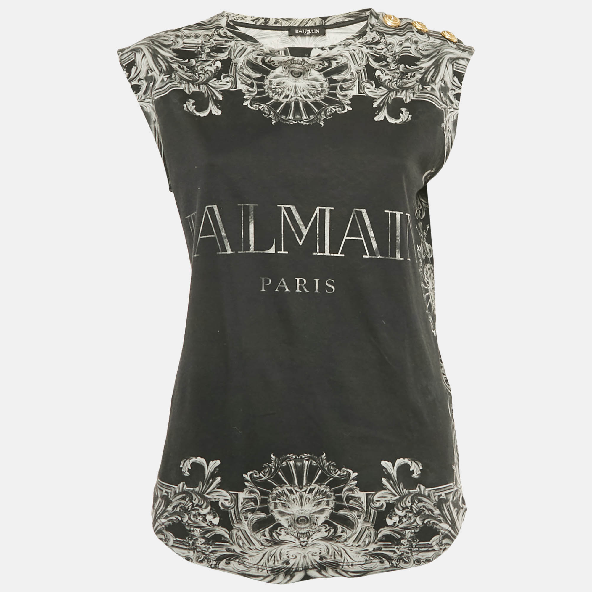 Pre Owned Balmain Black Print Cotton Sleeveless Top M