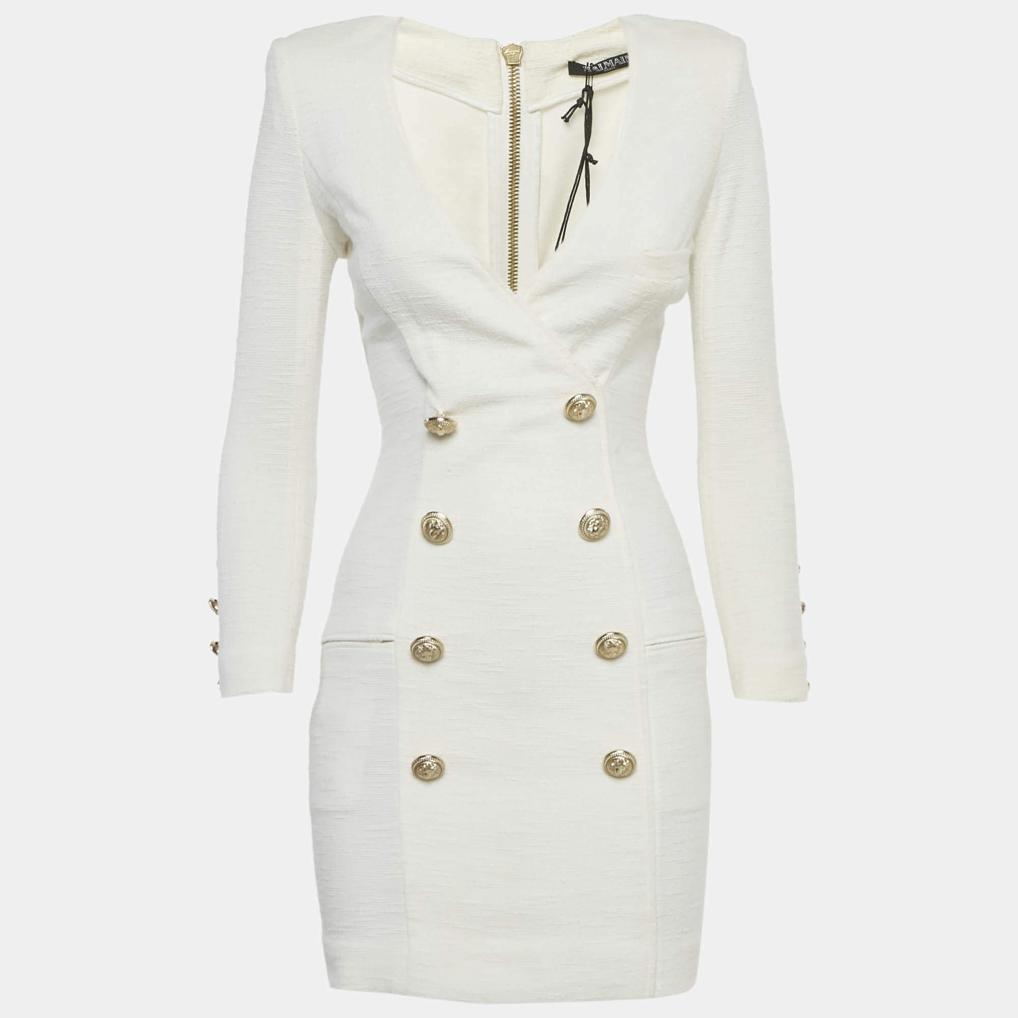 Pre Owned فستان بالماين ميني قطن أبيض بتفاصيل أزرار مقاس صغير (سمول)