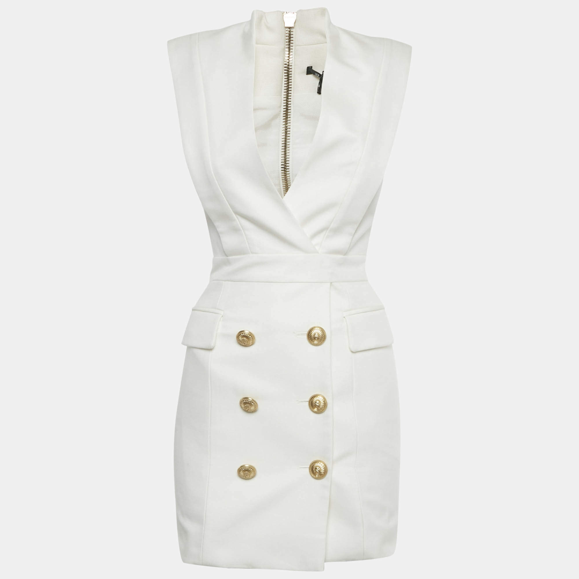 مملوكة مسبقًا فستان بالمان ميني تفاصيل أزرار قماش أبيض مقاس صغير (سمول)