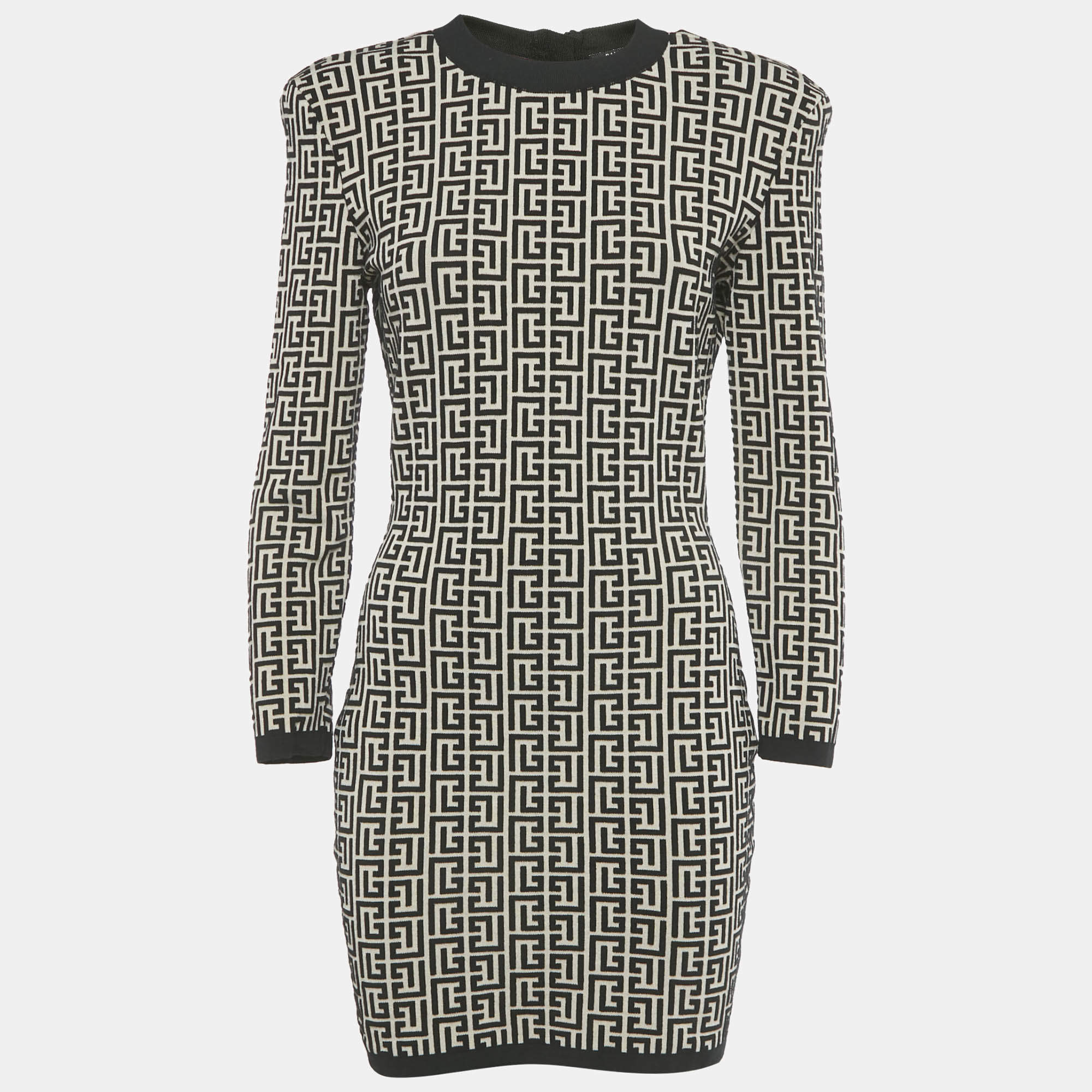 مملوكة مسبقًا Balmain Beige/Black Monogram Knit Bodycon Dress M