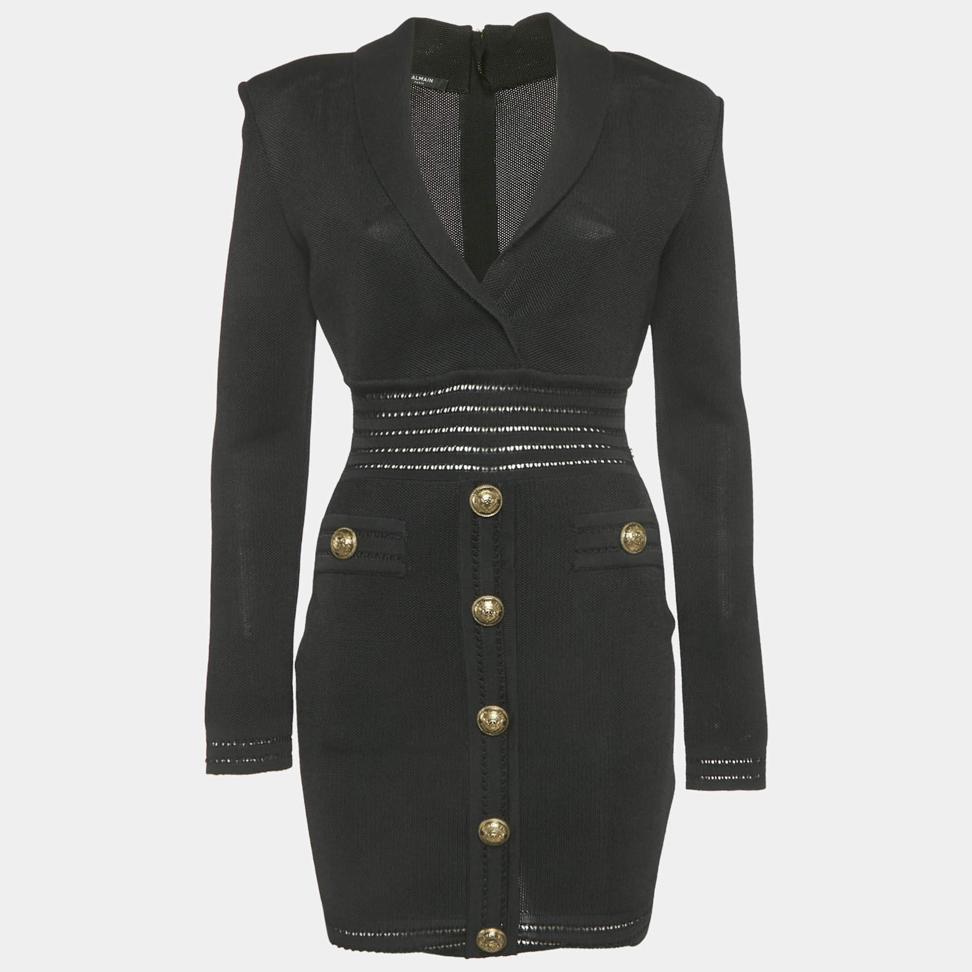 Pre Owned Balmain Black Mesh Knit Button Detail Mini Dress M