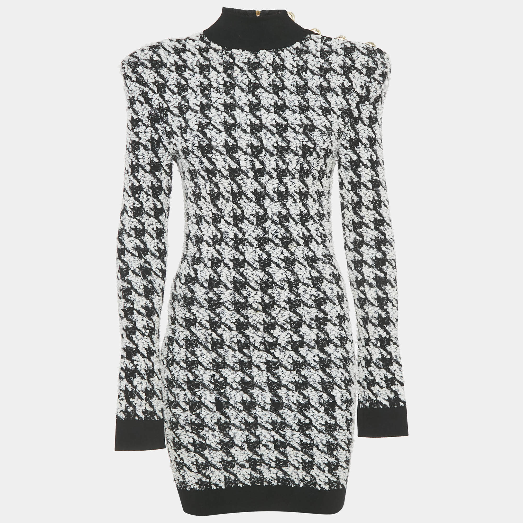 Pre Owned Balmain Black/White Houndstooth Tweed Bodycon Dress S