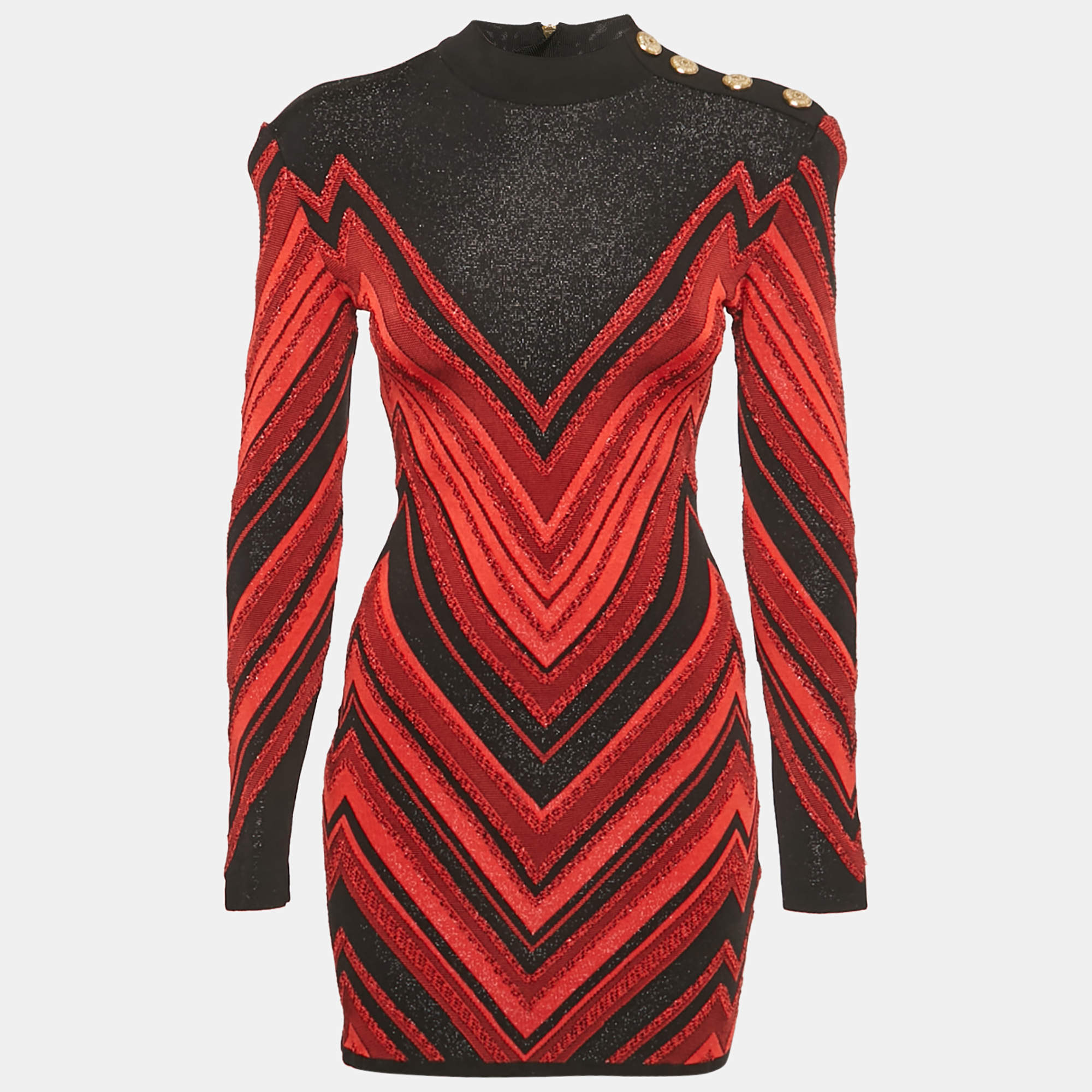 مملوكة مسبقًا Balmain Red/Black Chevron Lurex Knit Bodycon Dress M