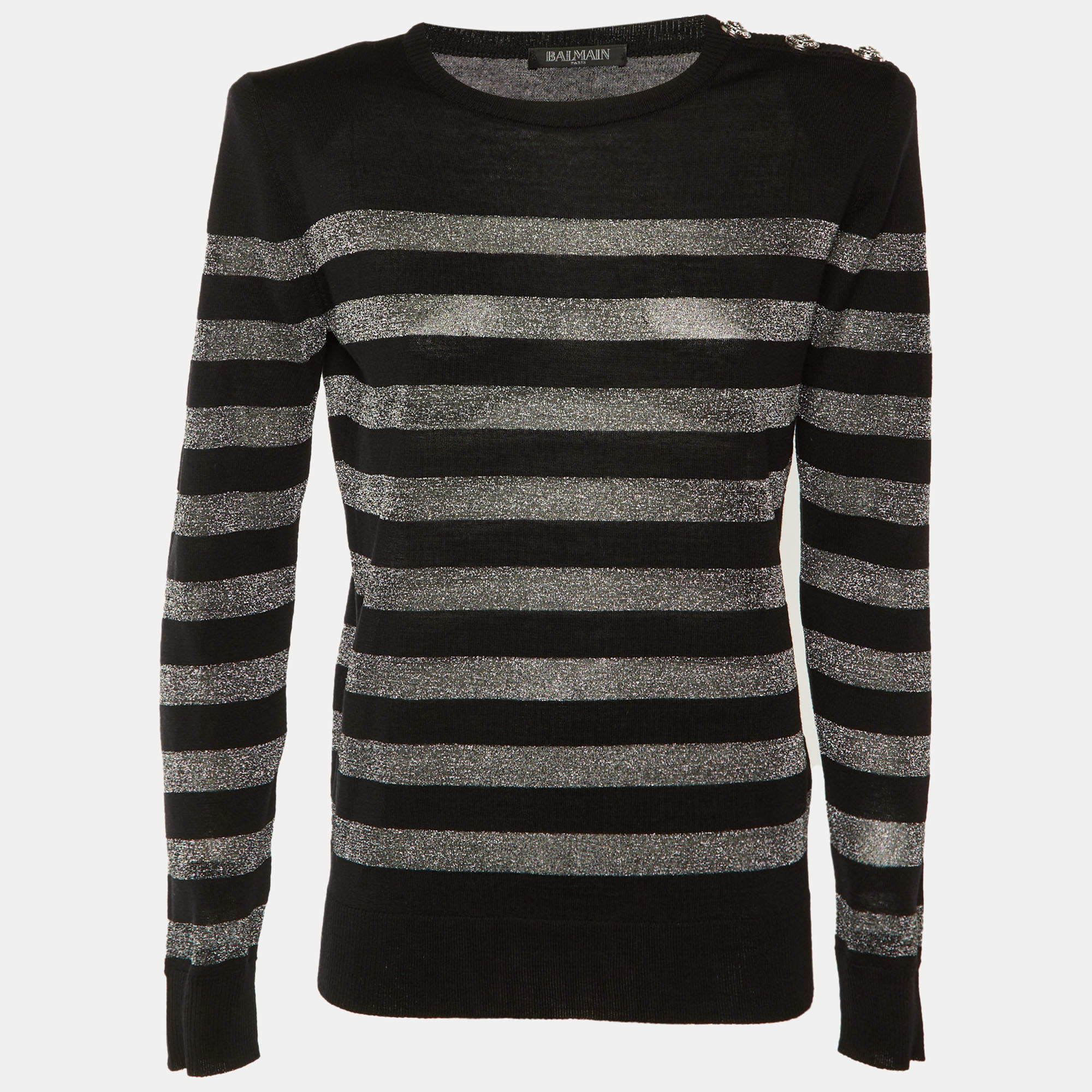 مملوكة مسبقًا Balmain Black Striped Lurex Wool Structured Shoulder Jumper M