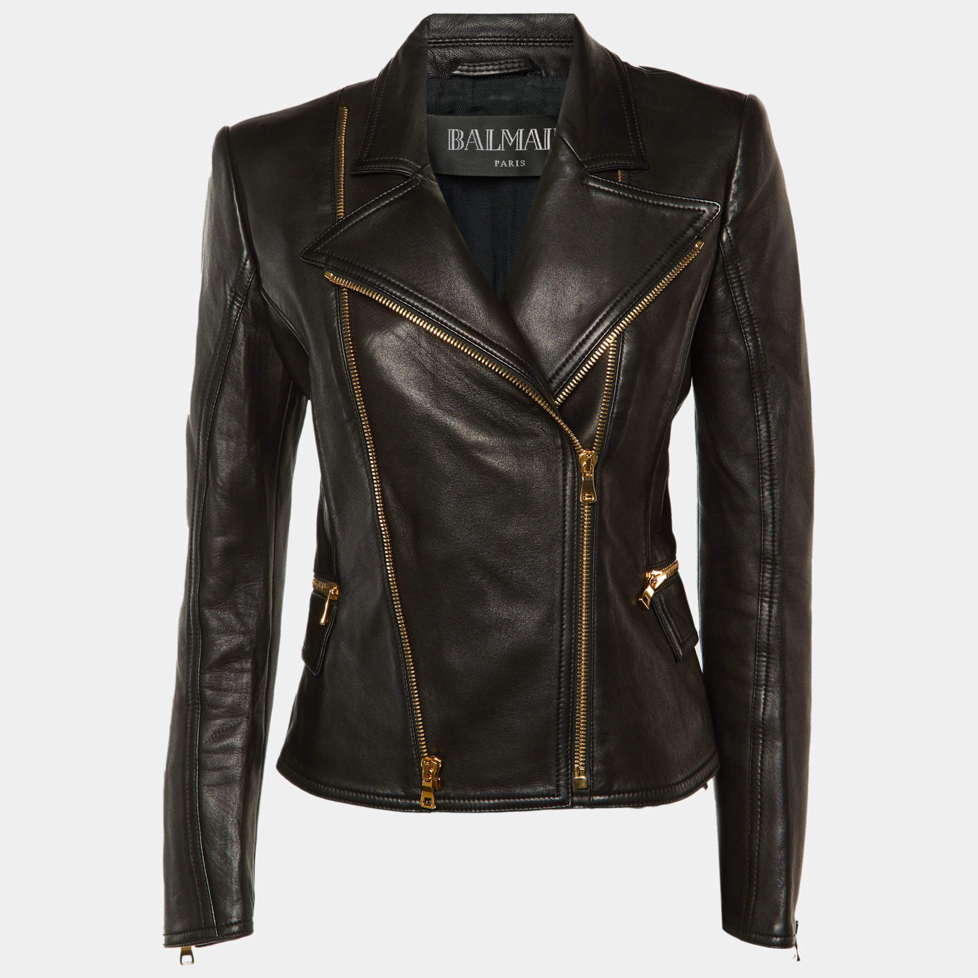 Pre Owned Balmain Black Leather Biker Jacket M