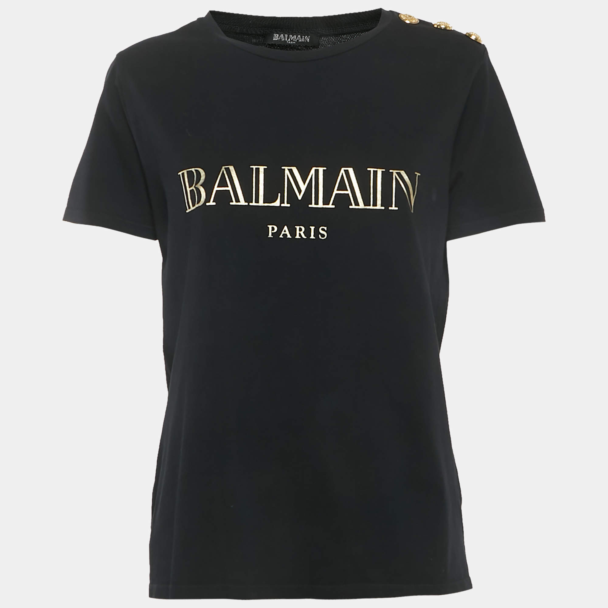 Pre Owned Balmain Black Logo Print Jersey Button Detail T-Shirt M