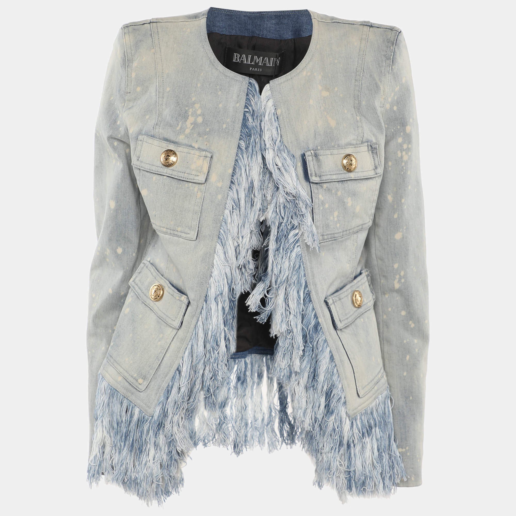 مملوكة مسبقًا Balmain Blue Bleached Denim Fringe-Trimmed Jacket S