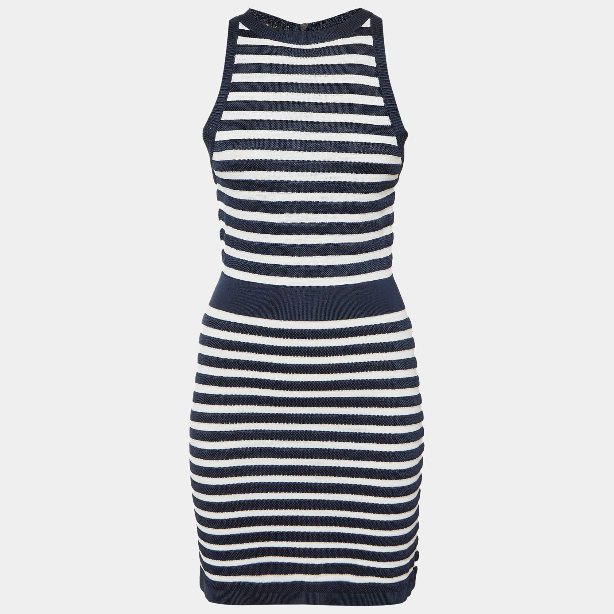مملوكة مسبقًا Balmain Navy Blue / White Striped Knit Short Dress M
