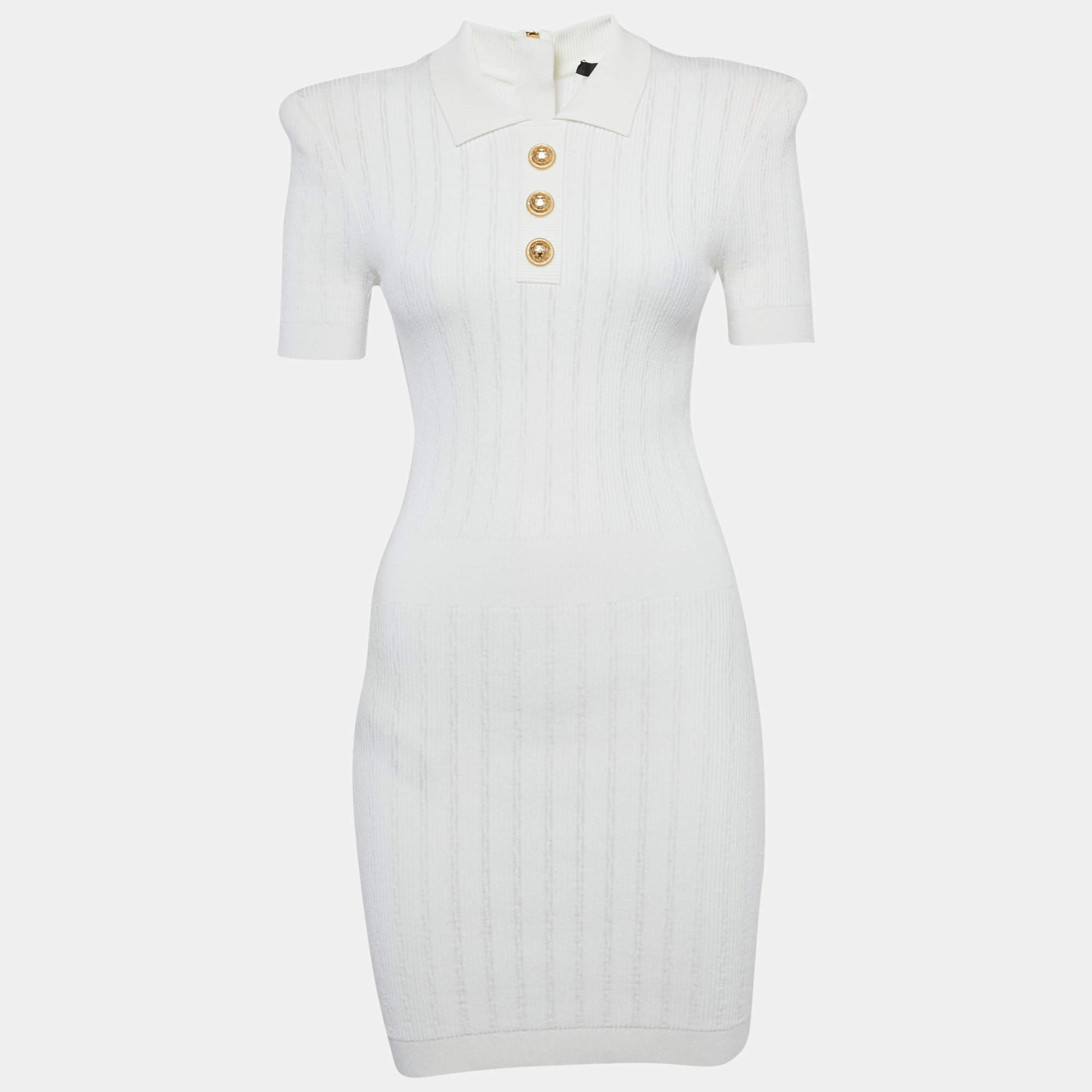 مملوكة مسبقًا فستان بالمان تريكو مضلع ياقة أبيض قصير مقاس وسط (ميديوم)