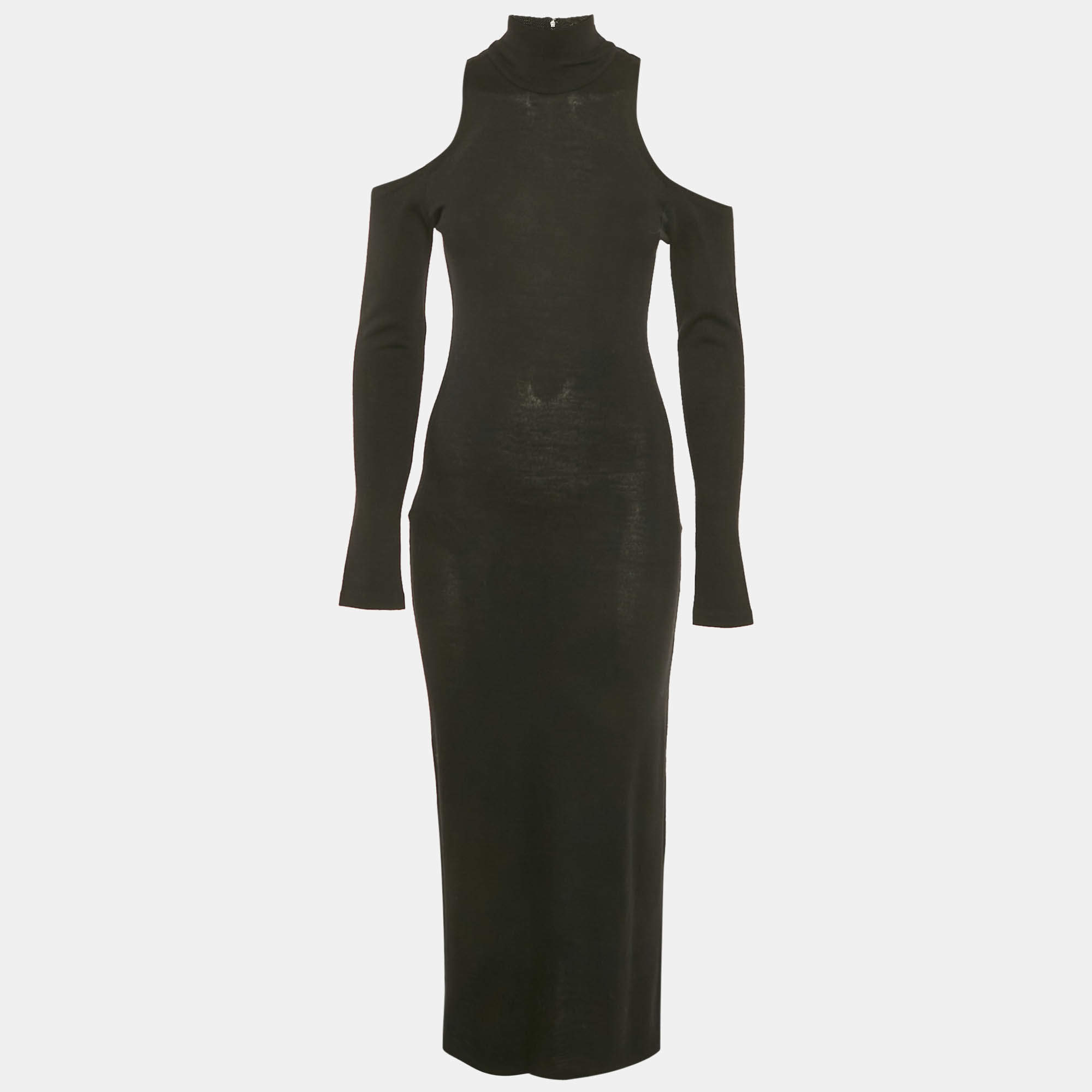 Pre Owned Balmain Black Wool Knit Cold-Shoulder Maxi Dress M