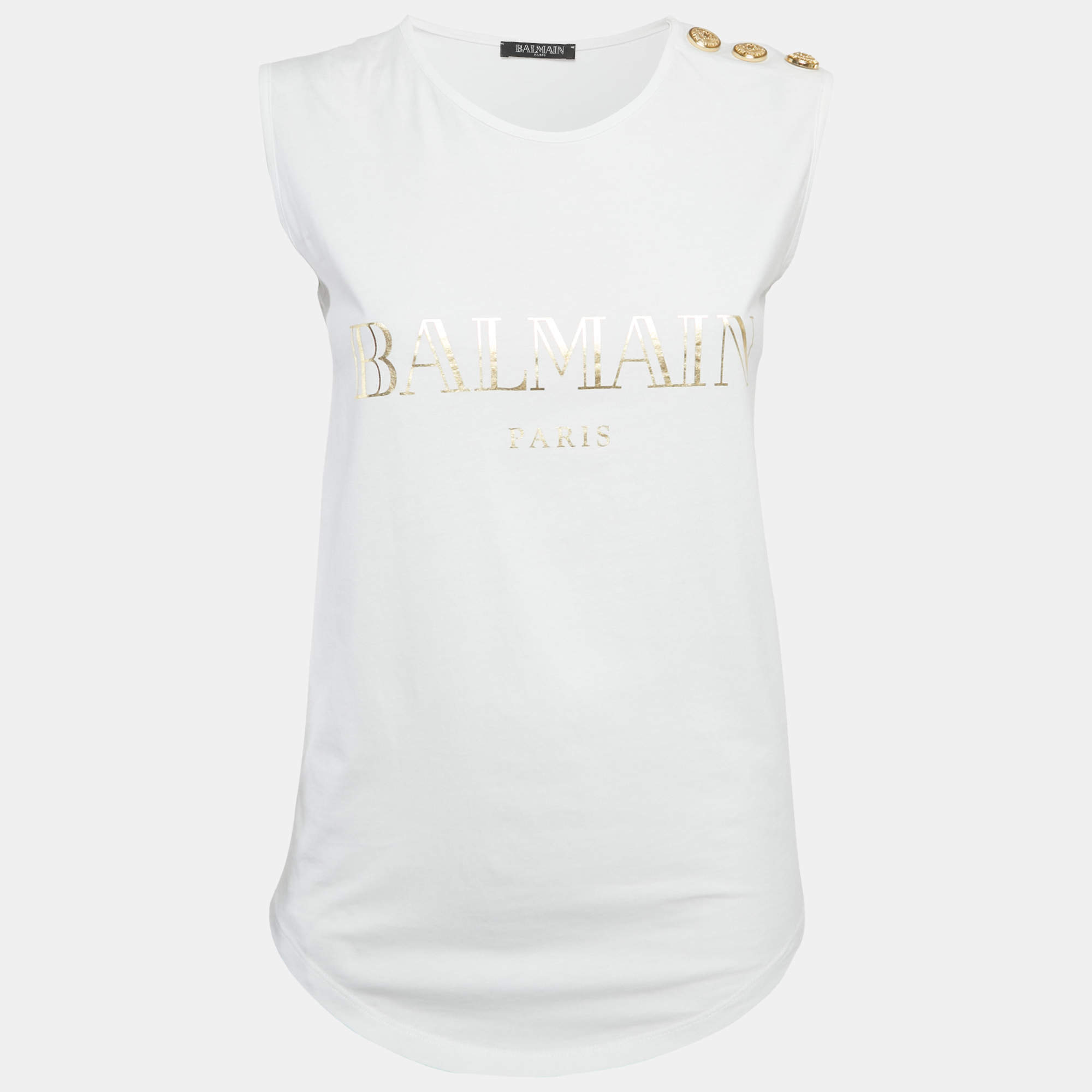 مملوكة مسبقًا تي شيرت بالمان قطن بلون الخوخ بشعار مضاف بدون أكمام مقاس متوسط