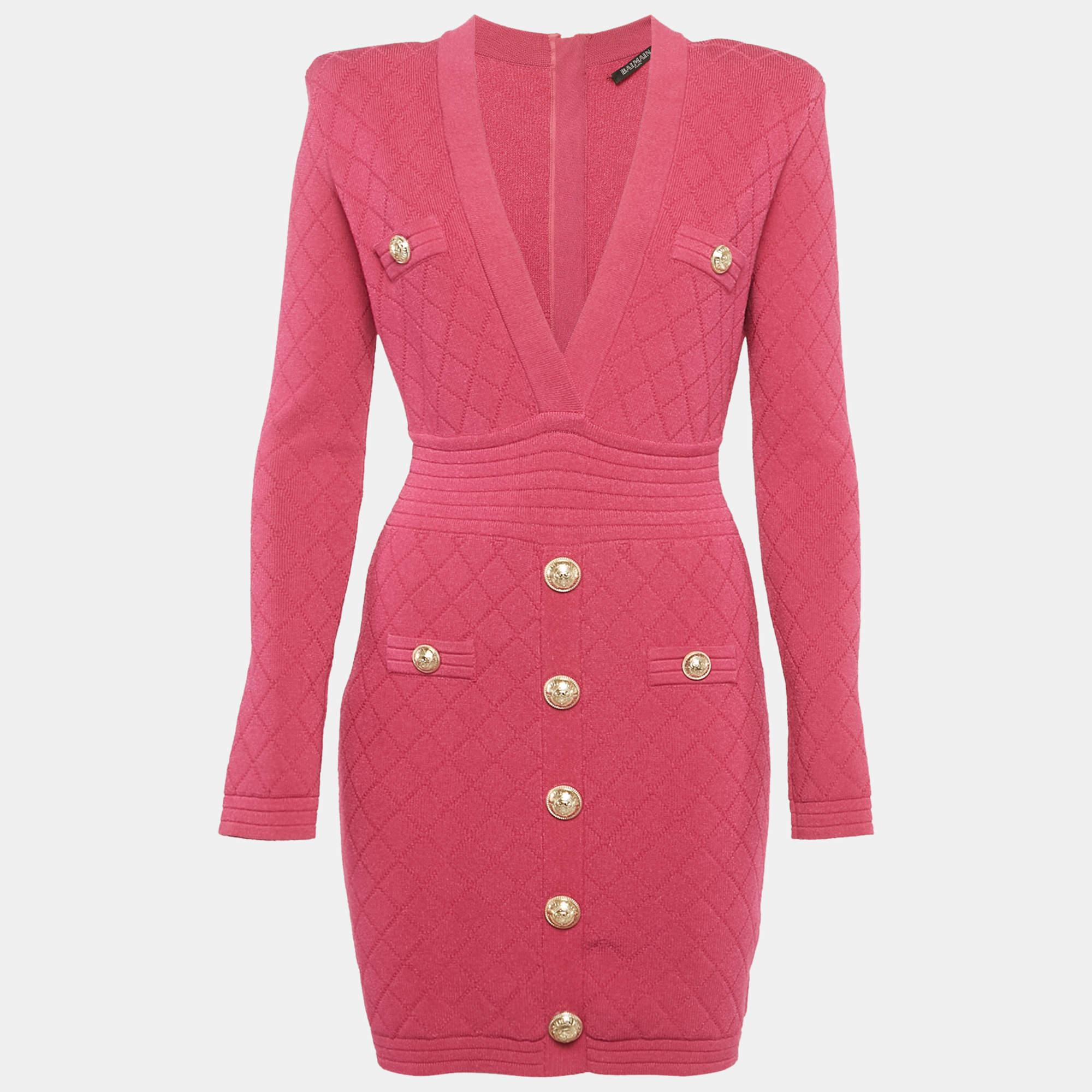 Pre Owned Balmain Pink Jacquard Knit Button Detail Mini Dress M