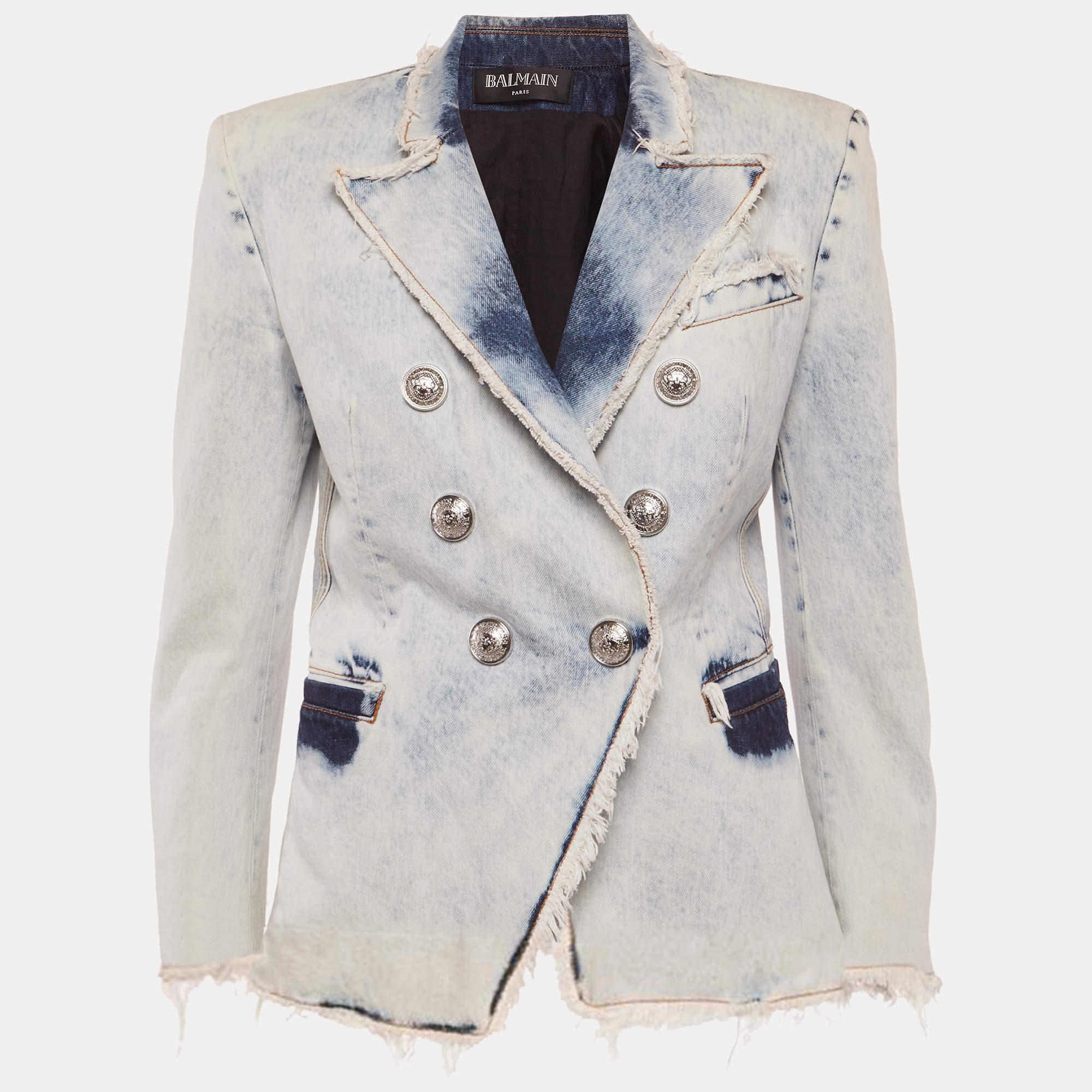 مملوكة مسبقًا Balmain Blue Washed Denim Double Breasted Jacket M