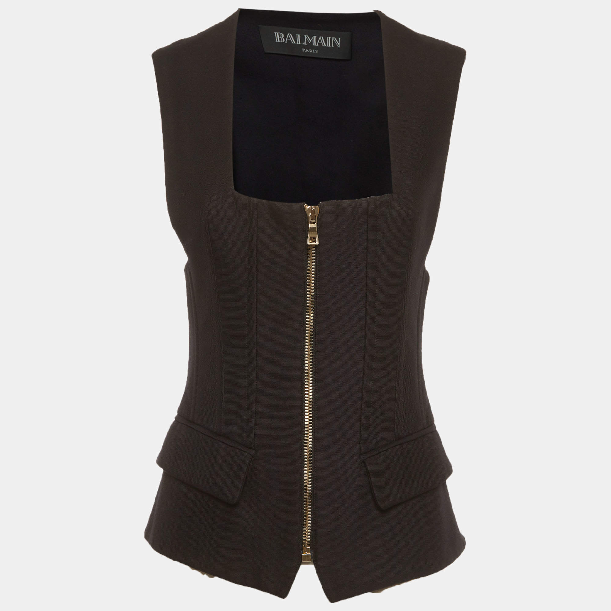 مملوكة مسبقًا Balmain Black Silk Blend Pocket Detail Sleeveless Jacket M