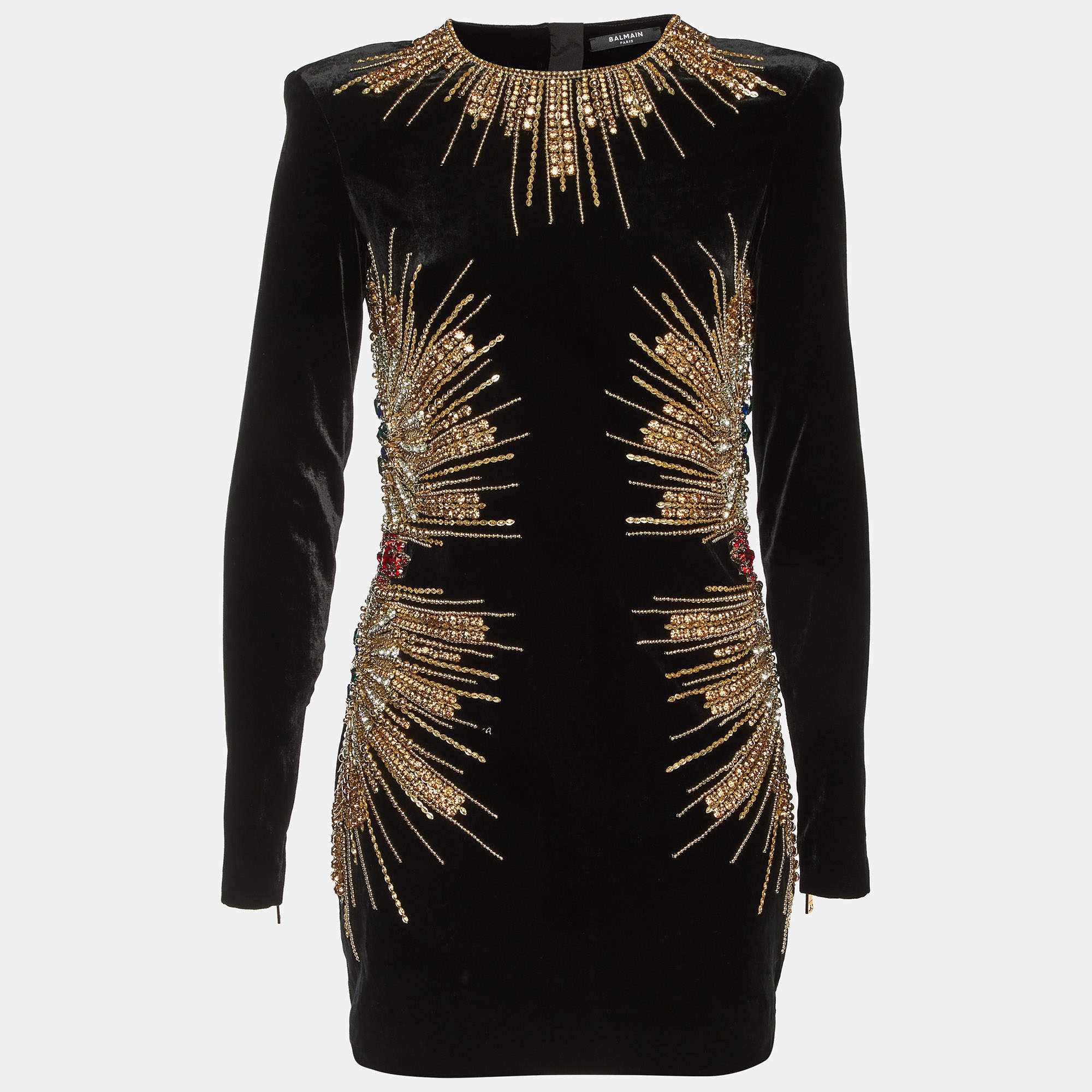 Pre Owned Balmain Black Velvet Embellished Mini Dress M