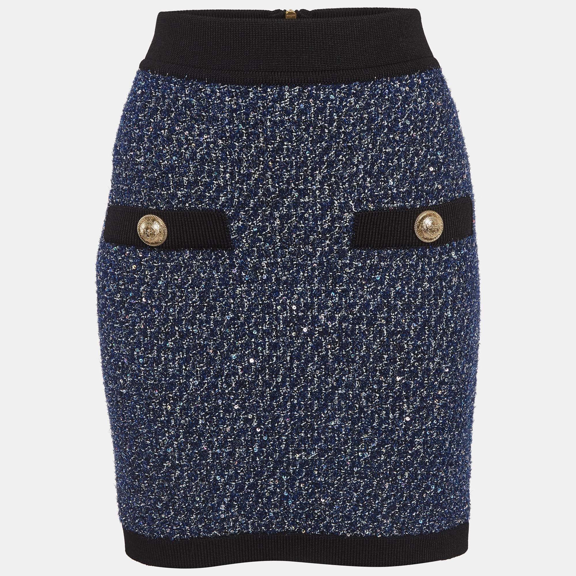 مملوكة مسبقًا Balmain Blue Lurex Tweed Mini Skirt L