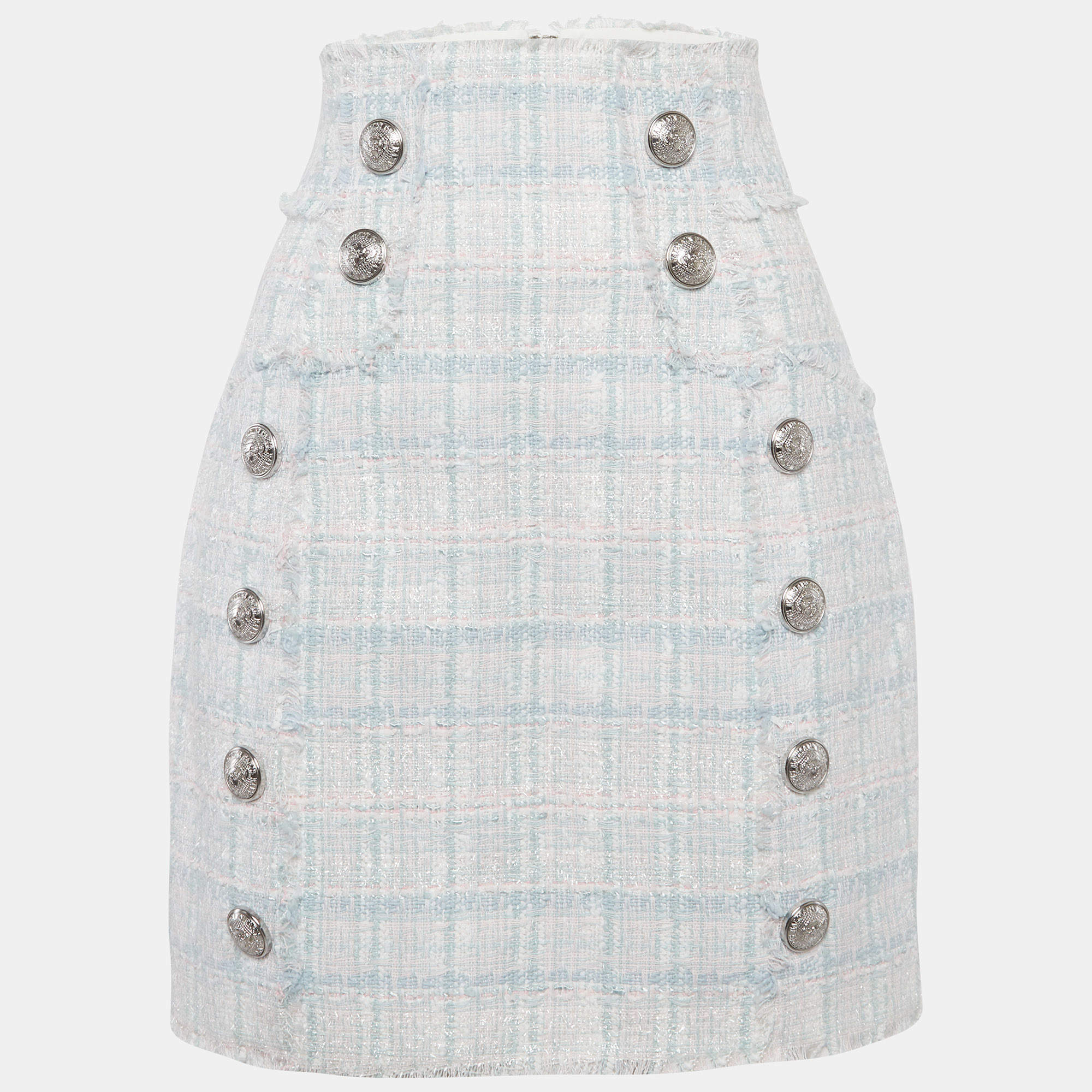 مملوكة مسبقًا Balmain Sky Blue/Pink Tweed Button Detail High-Waist Skirt M
