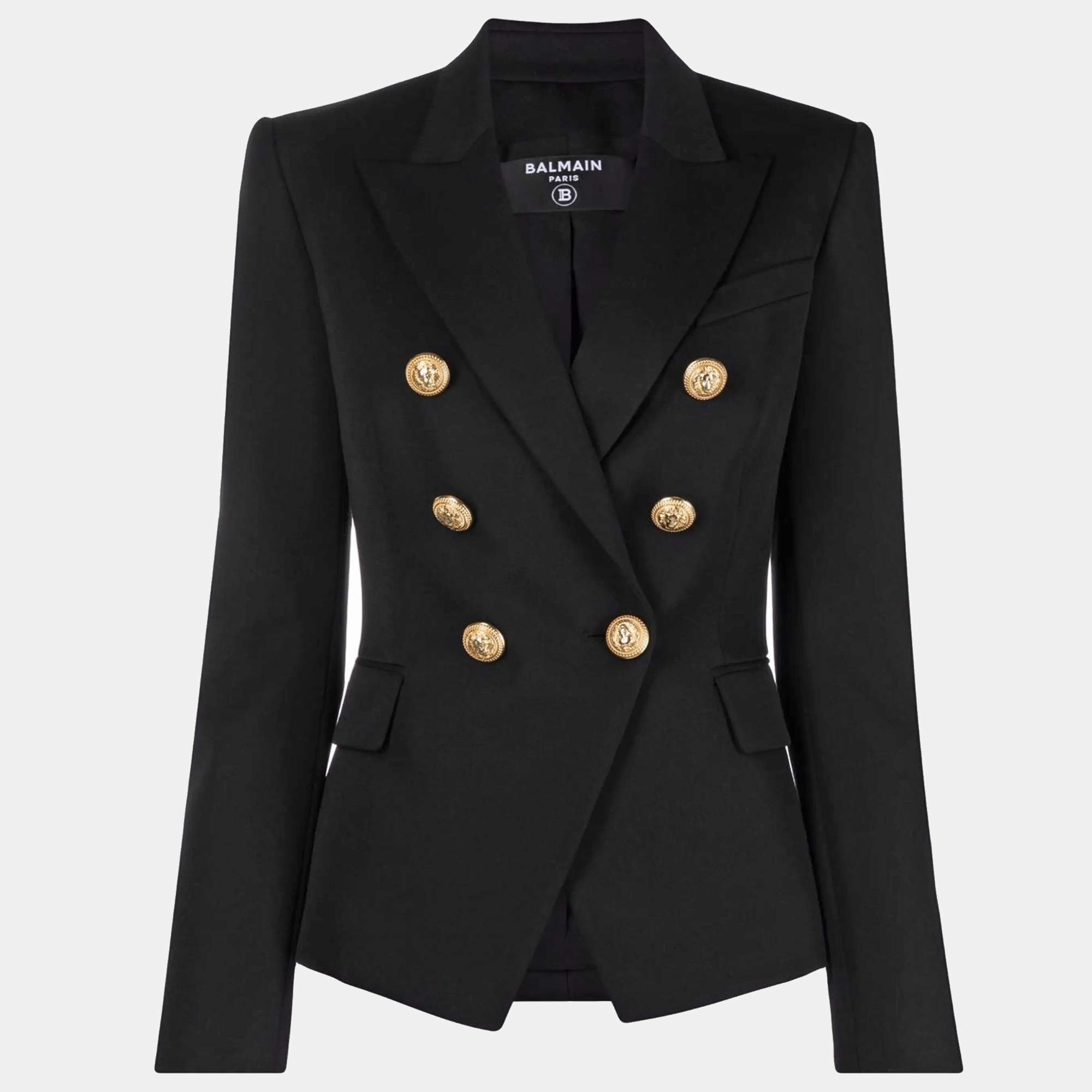 Pre Owned Balmain Black Wool Grain-de-Poudre Double Breasted Blazer S