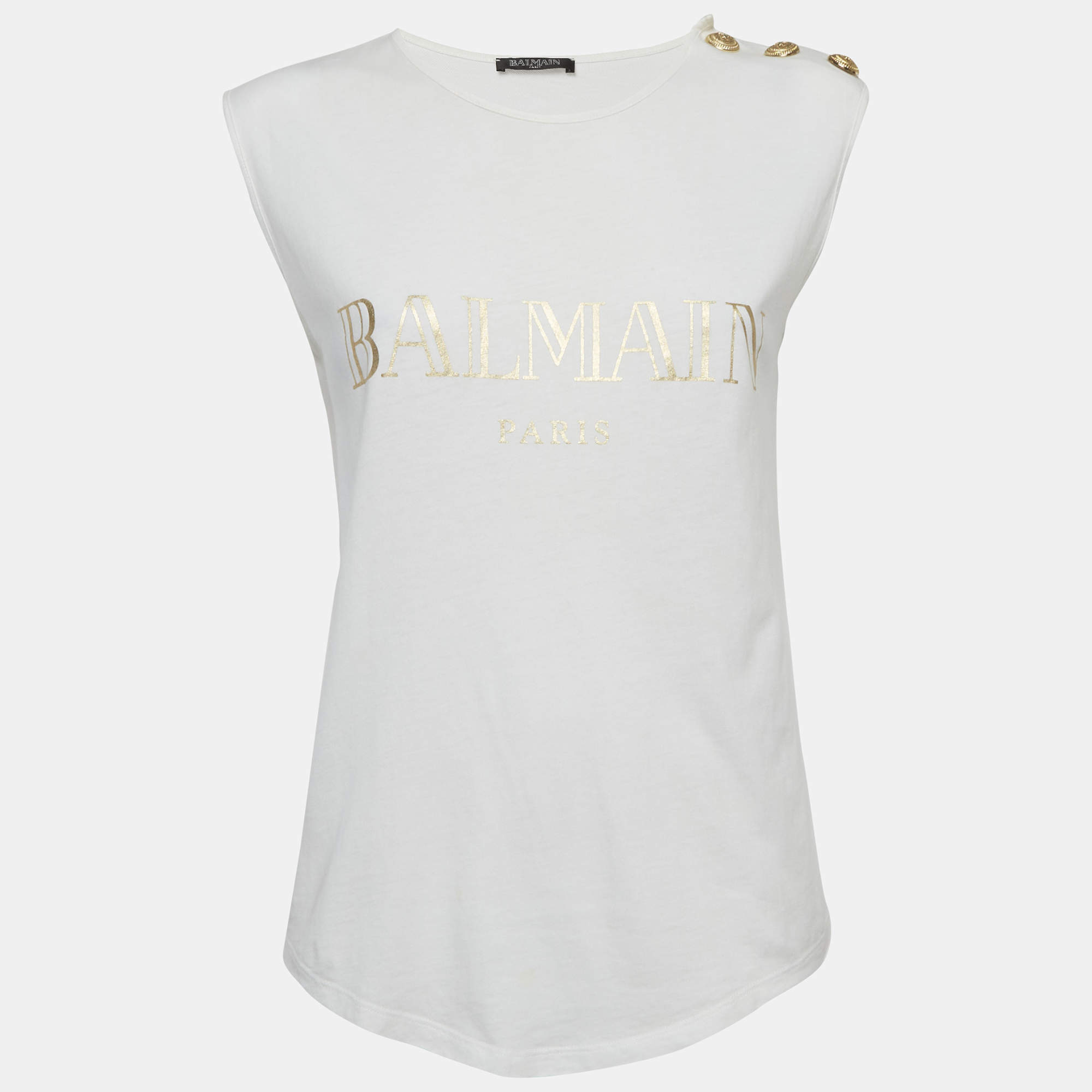 مملوكة مسبقًا Balmain White Logo Print Jersey Sleeveless T-Shirt M
