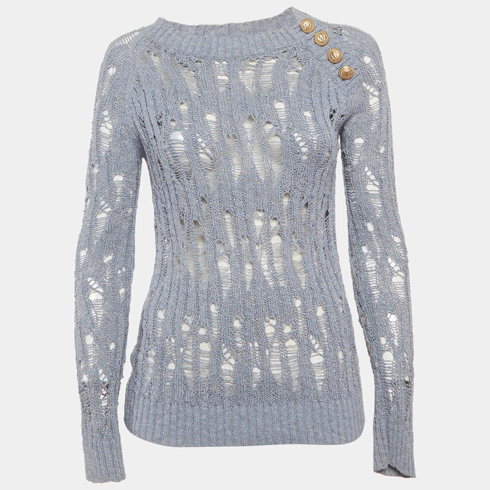 Pre Owned Balmain Blue Lurex Open Knit Sweater S