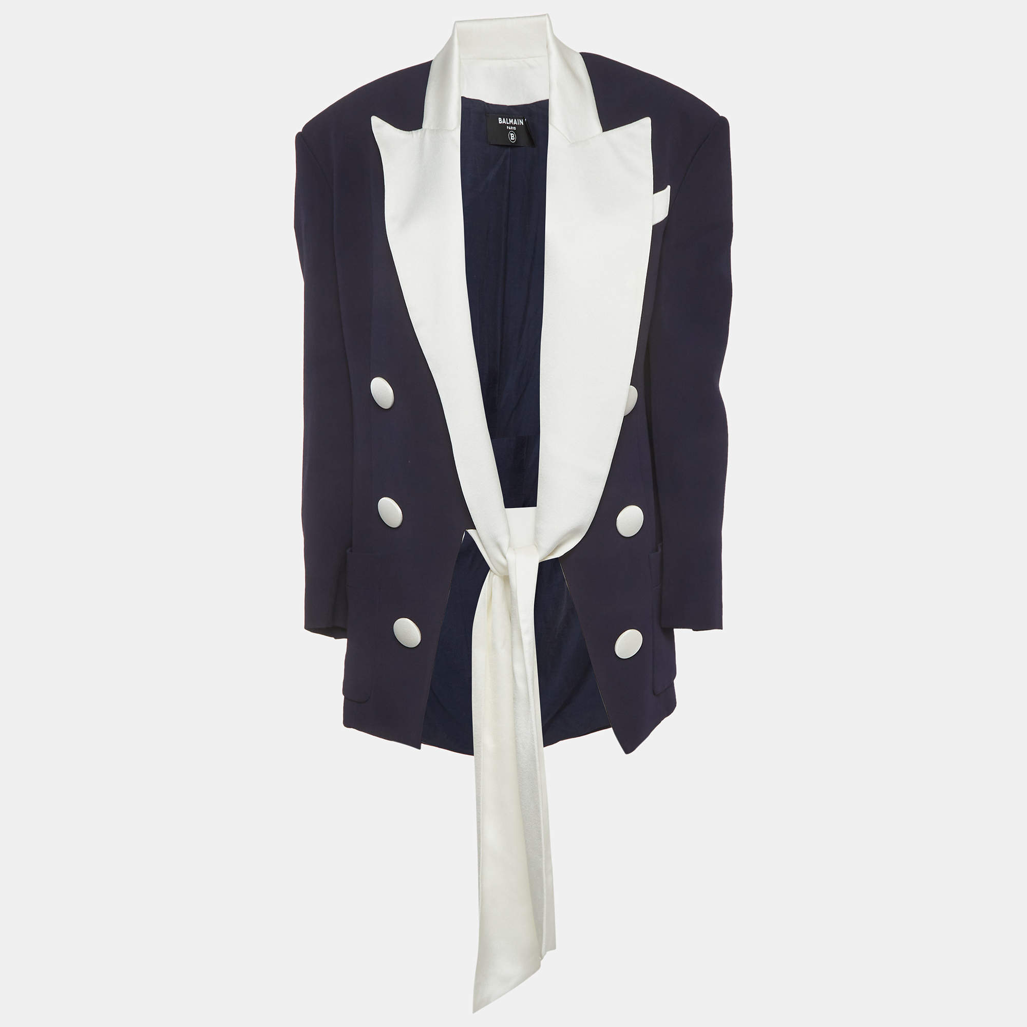 Pre Owned Balmain Navy Blue Crepe and Satin Collar Tie Up Blazer S