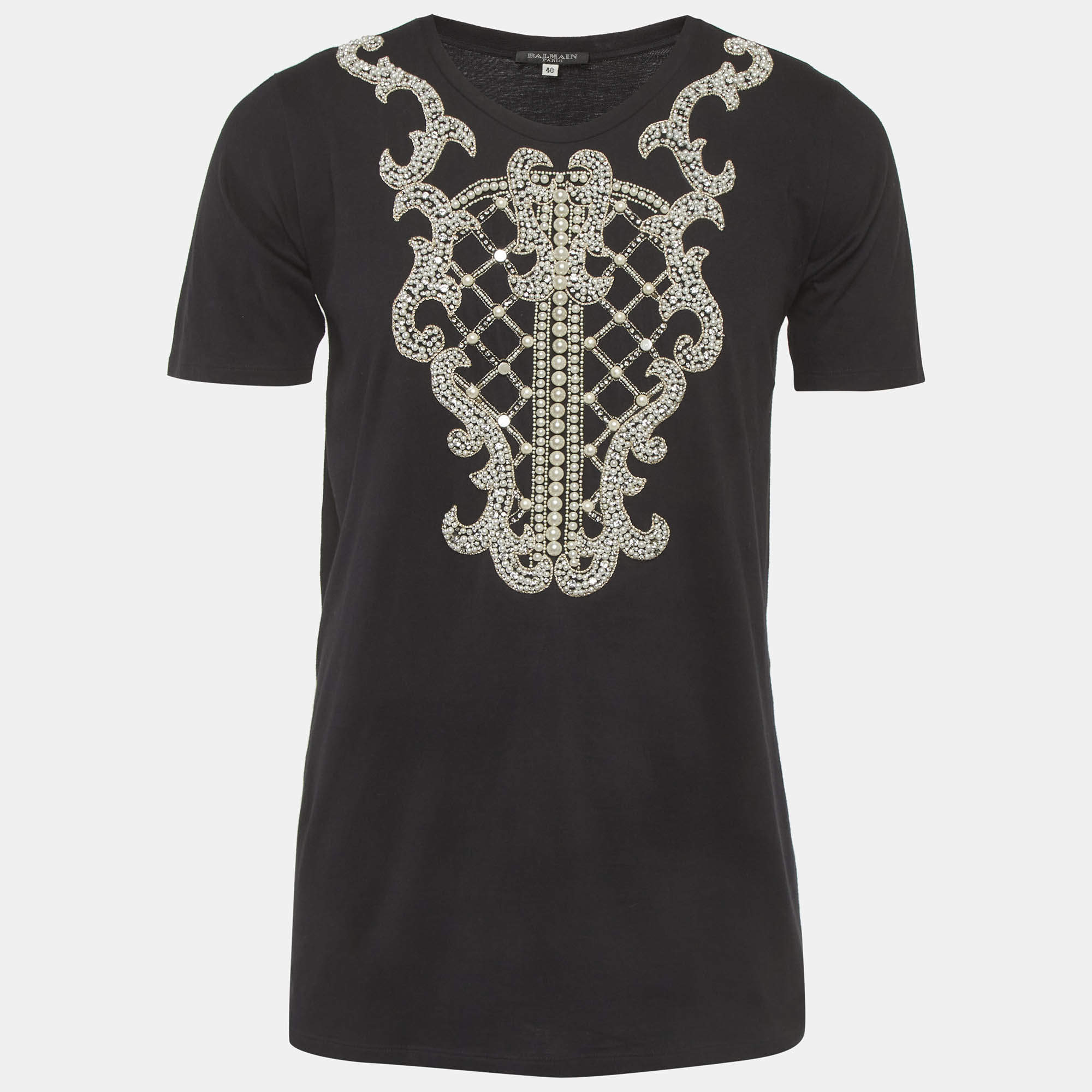 Pre Owned Balmain Black Pearl Embellished Jersey T-Shirt M
