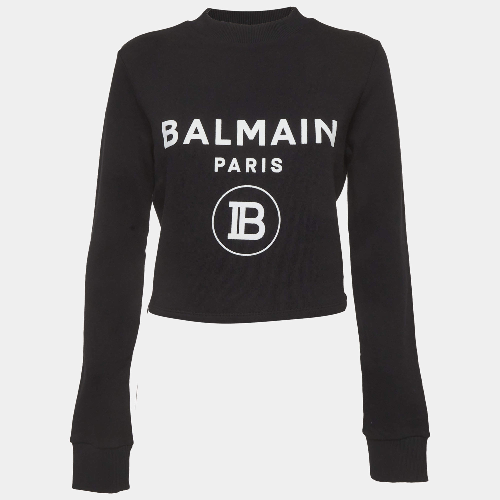 Pre Owned Balmain Black Logo Print Cotton Crop Sweatshirt S