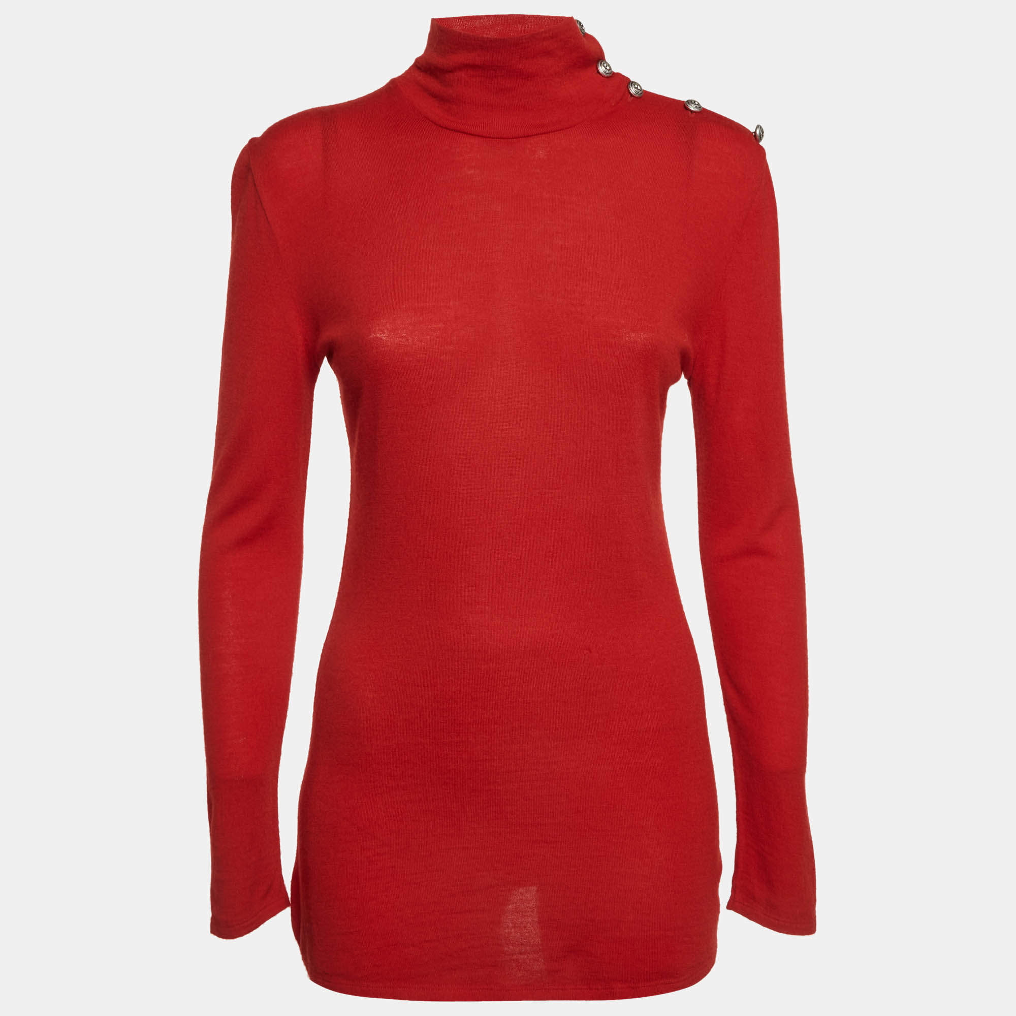 Pre Owned Balmain Red Knit Turtle Neck Pullover L