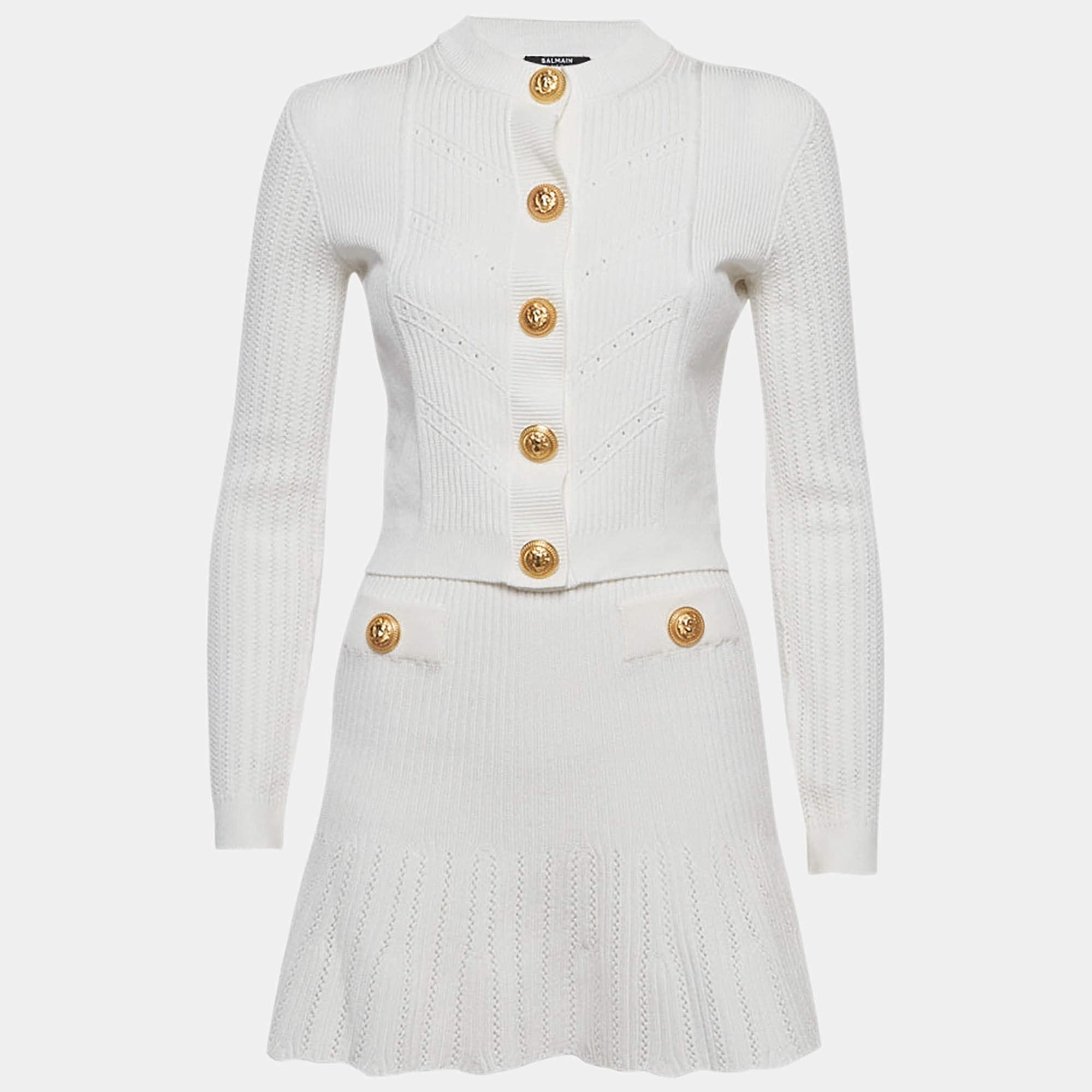 Pre Owned Balmain White Rib Knit Button Detail Skirt Set S