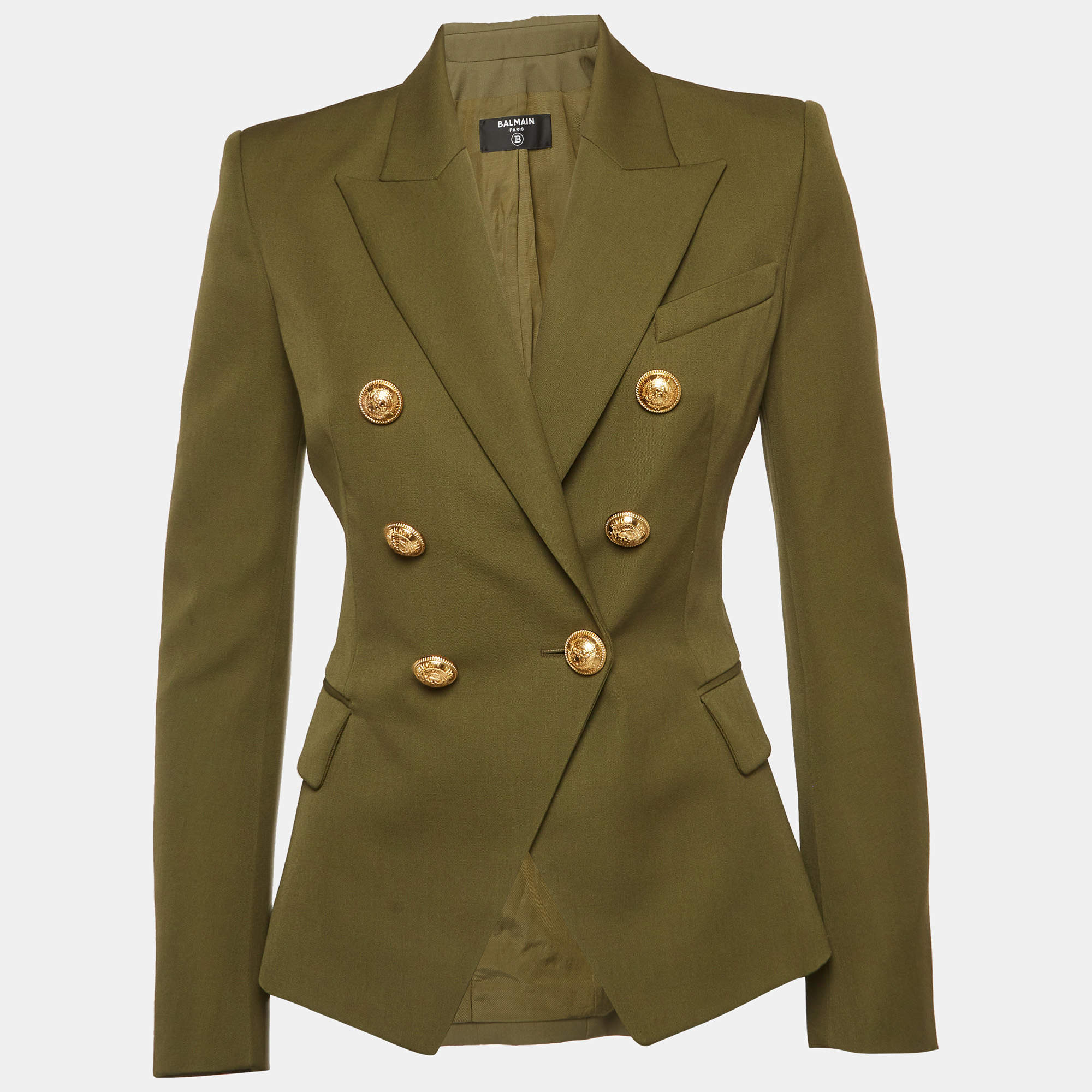 Pre Owned Balmain Green Wool Double Breasted Blazer S