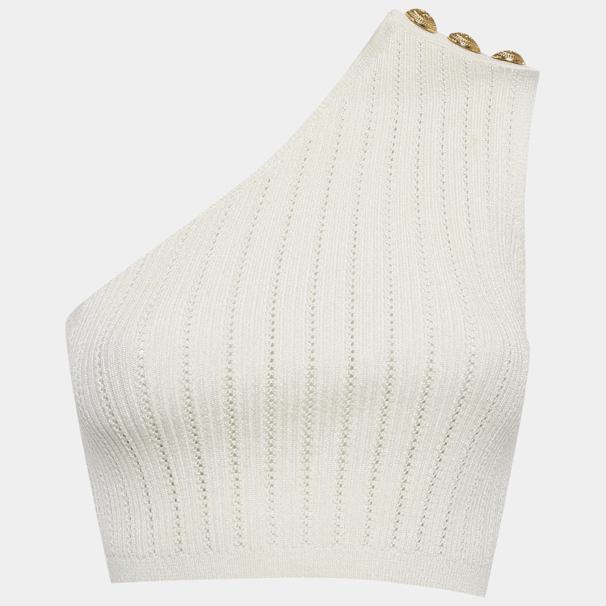 مملوكة مسبقًا Balmain White Pointelle Knit One Shoulder Top S