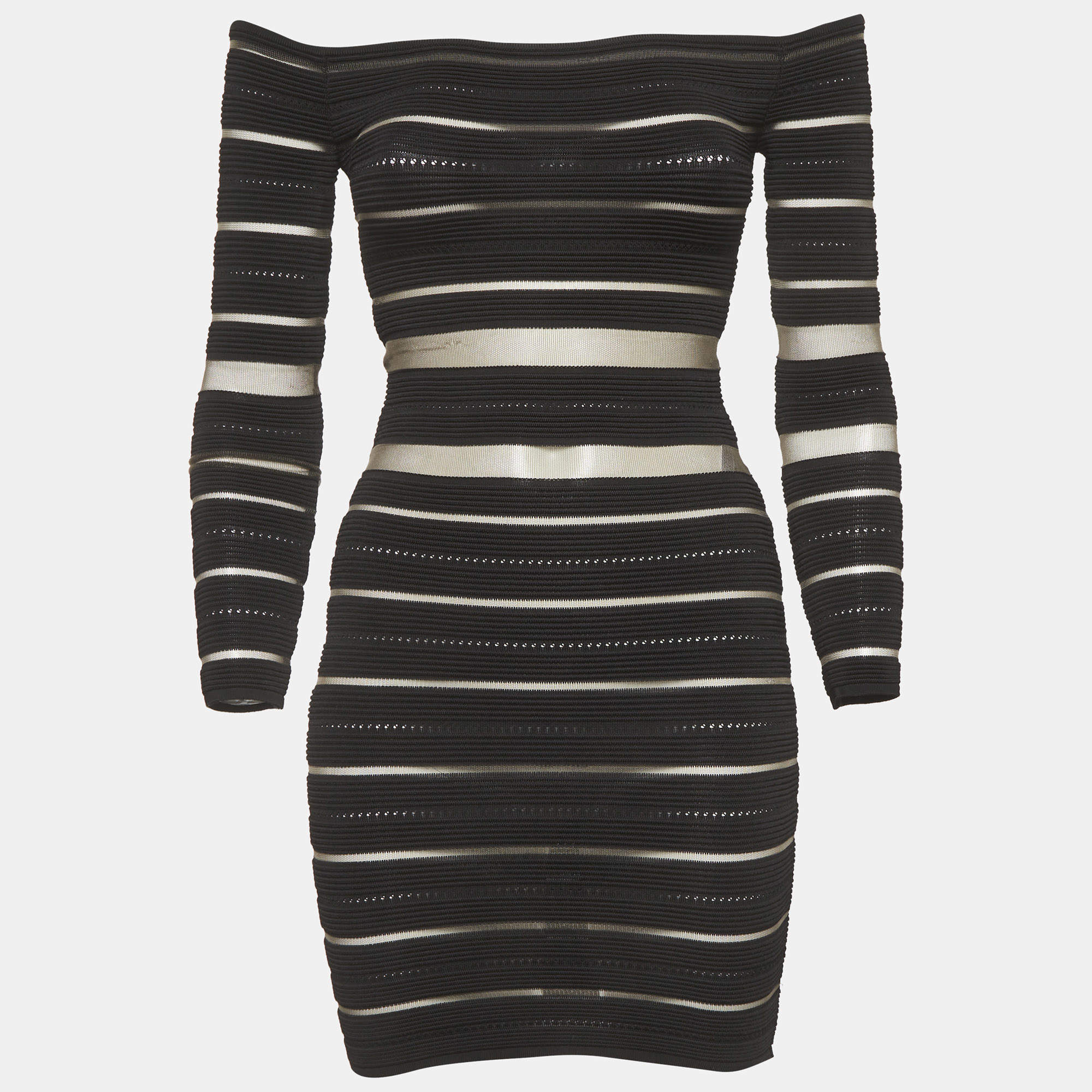 Pre Owned فستان قصير بالمان أوف شولدر مقلم شفاف أسود مقاس صغير - سمول