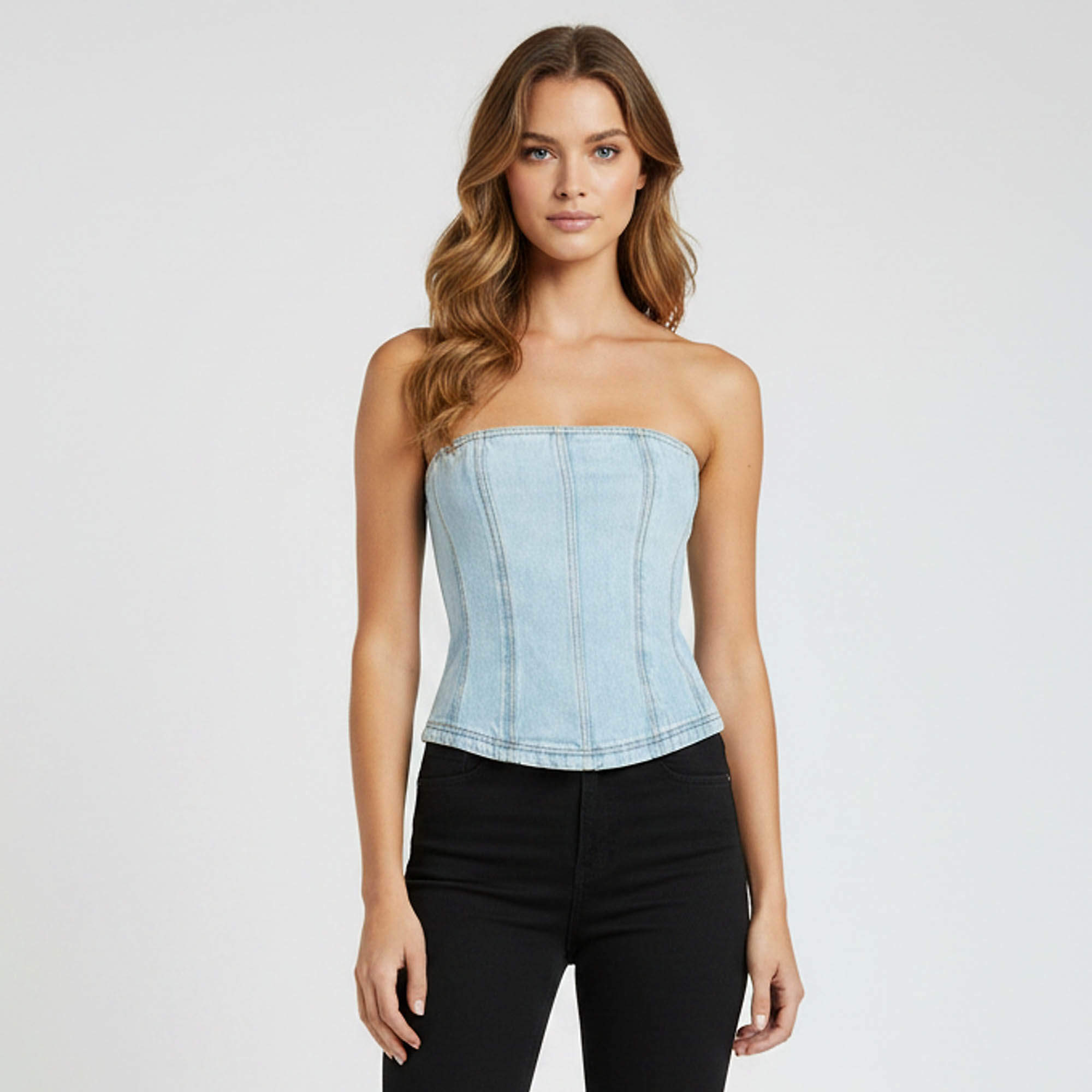Pre Owned Balmain Blue Denim Zip Up Corset S