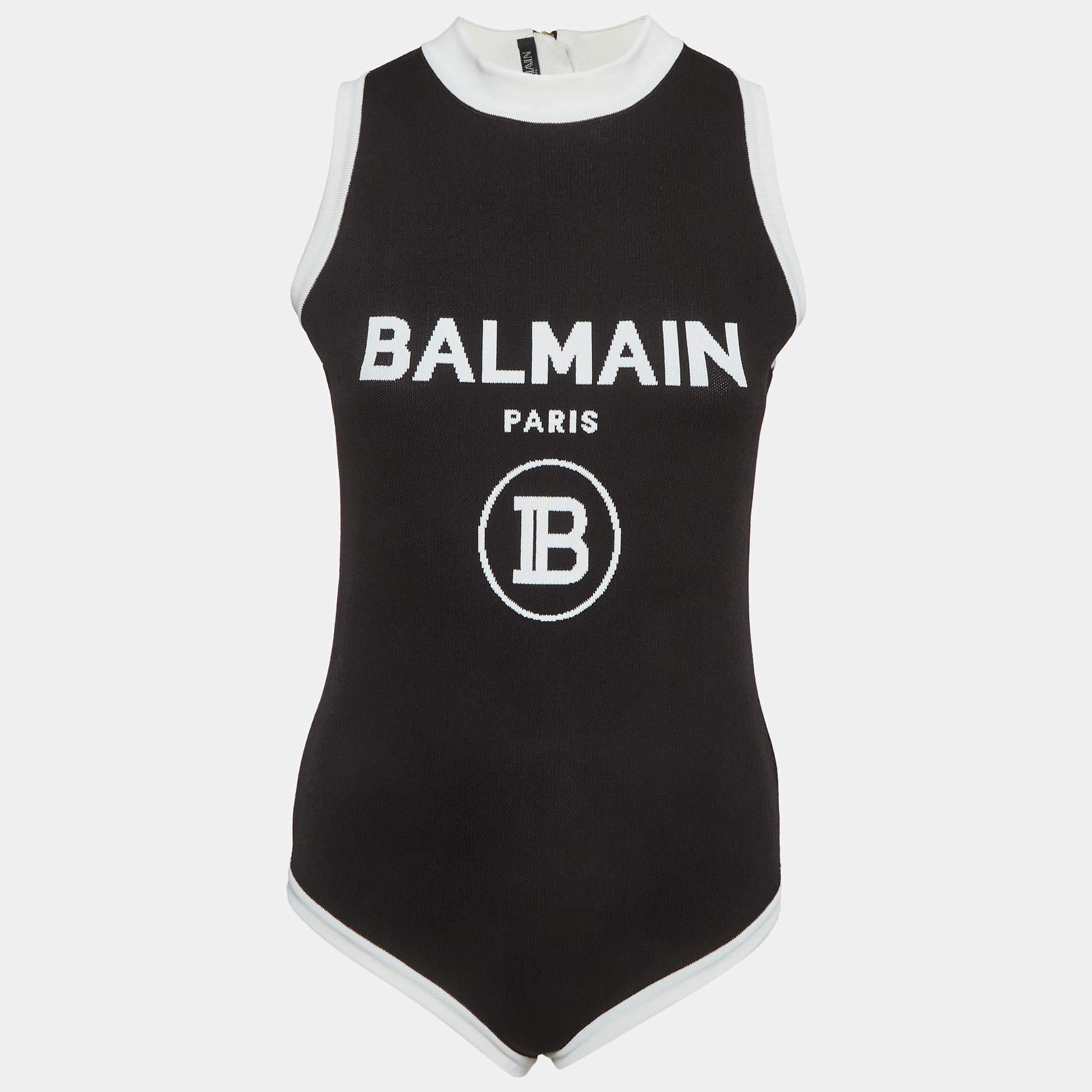 Pre Owned Balmain Black Logo Intarsia Knit Zip Up Bodysuit Top L