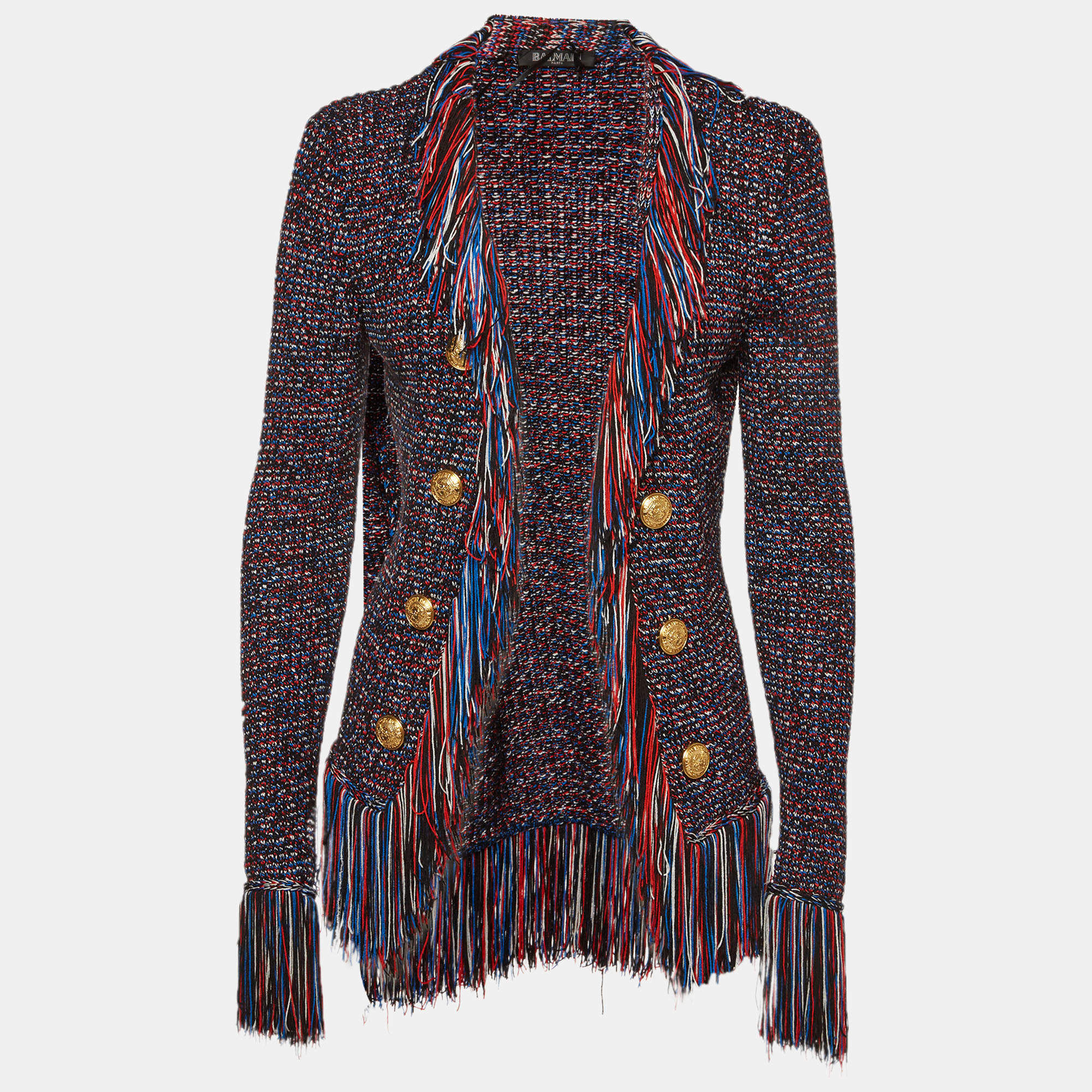 Pre Owned Balmain Multicolor Button Embellished Knit Fringed Jacket S